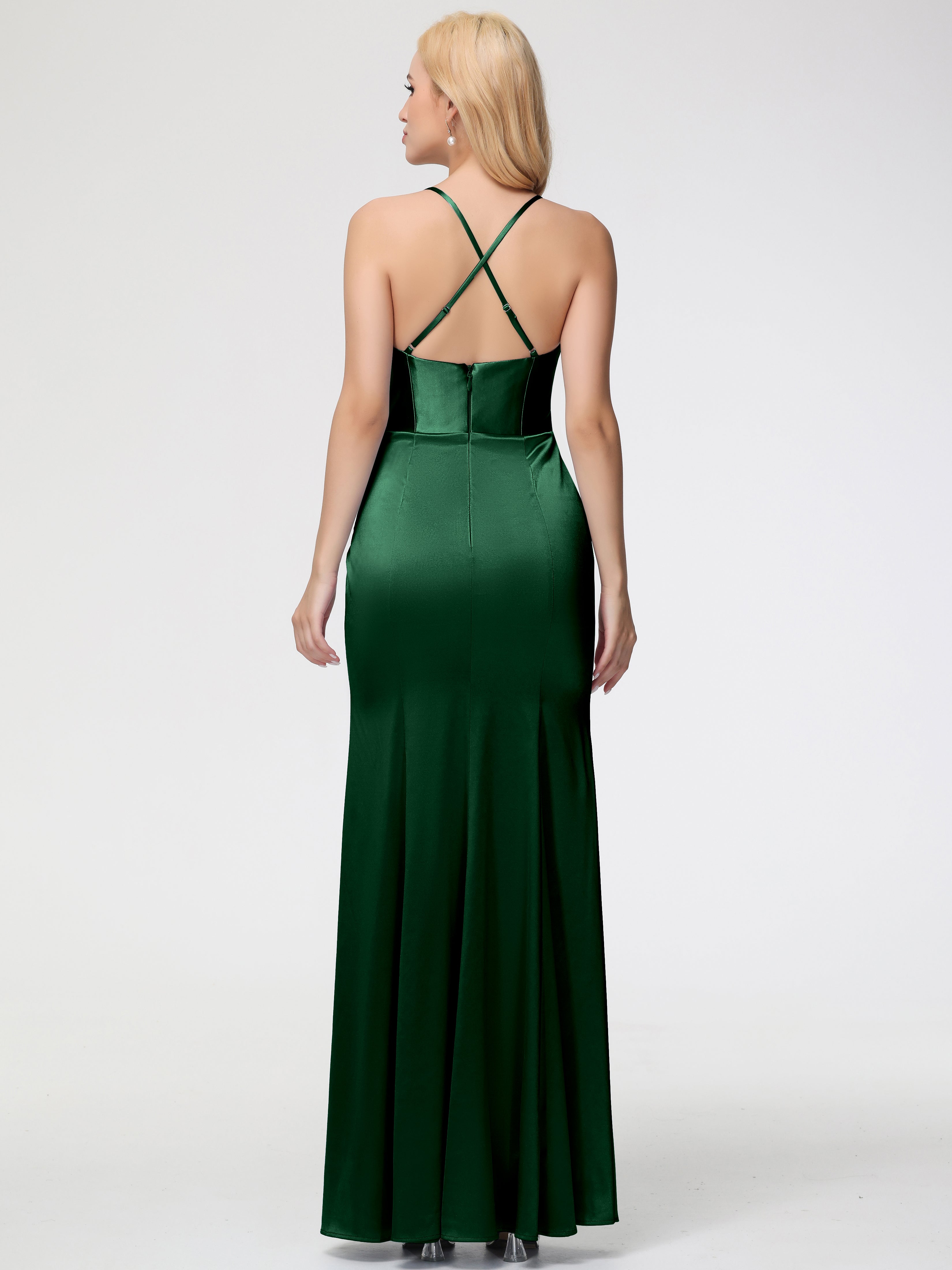 Demoiselle D'Honneur VERT FONCÉ Col Bénitier Satin Extensible Fendue Robe De Demoiselle D'Honneur Robe Plisée