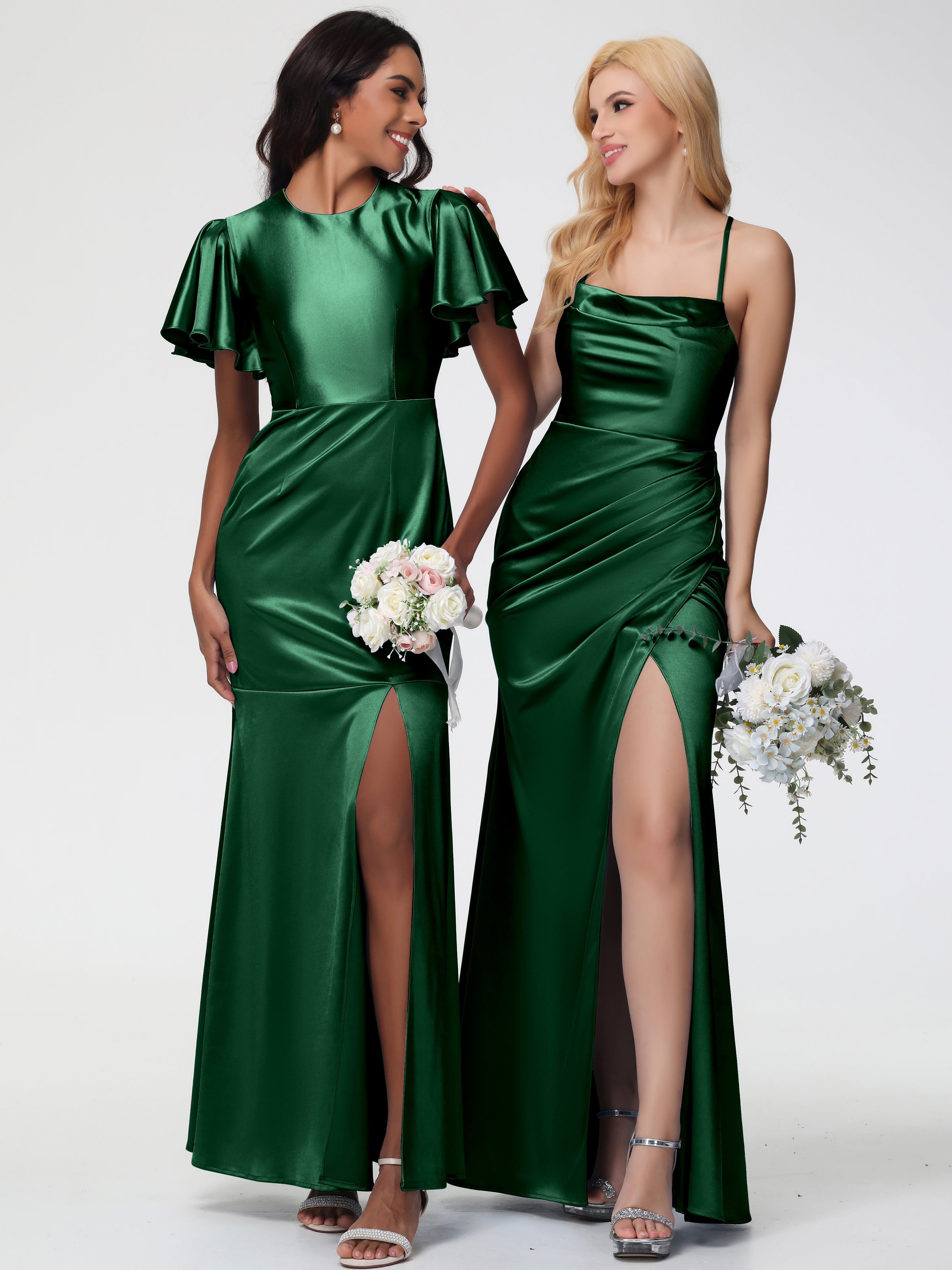 Demoiselle D'Honneur VERT FONCÉ Col Bénitier Satin Extensible Fendue Robe De Demoiselle D'Honneur Robe Plisée