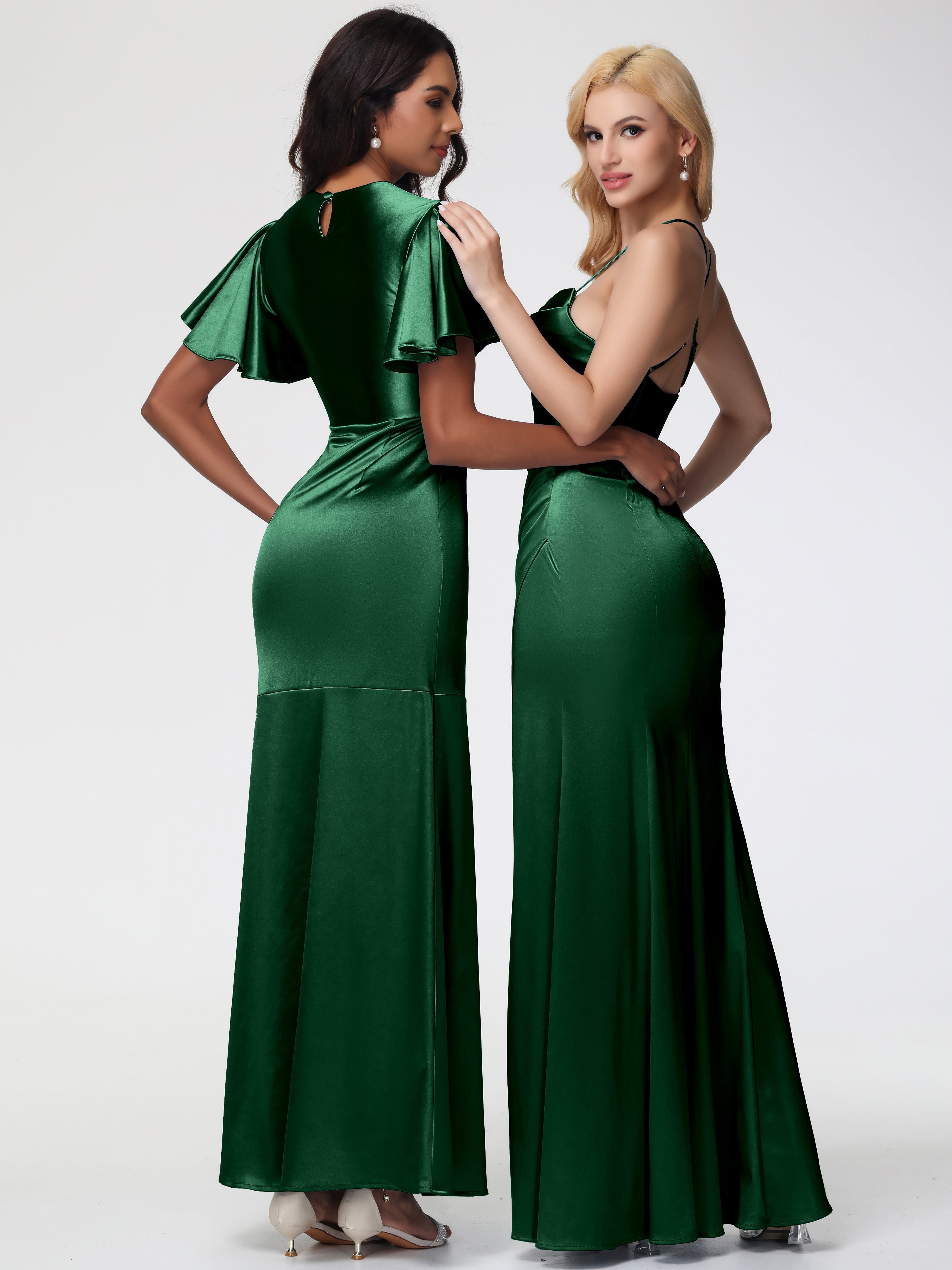 Demoiselle D'Honneur VERT FONCÉ Col Bénitier Satin Extensible Fendue Robe De Demoiselle D'Honneur Robe Plisée