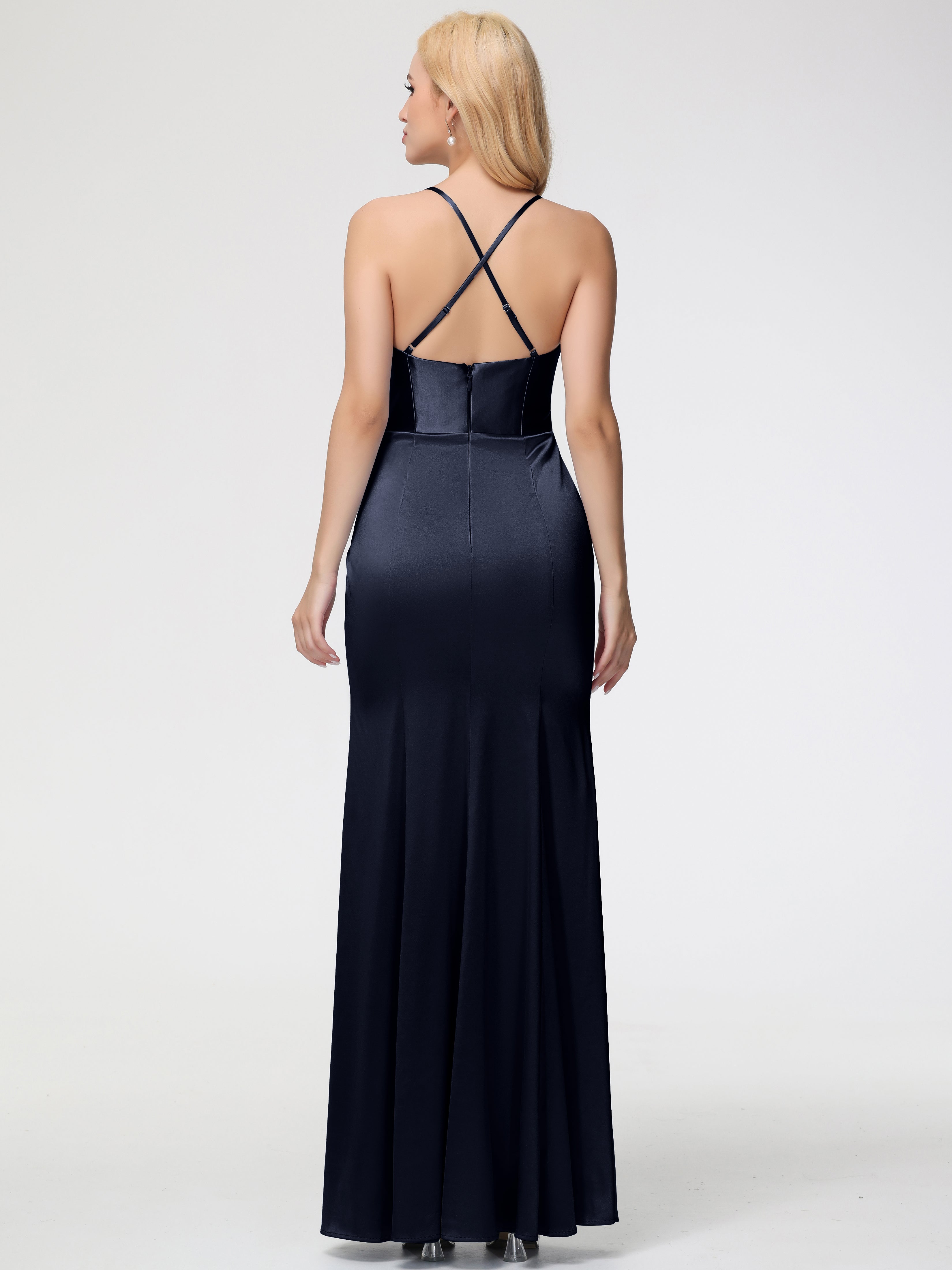 Robes Demoiselle D Honneur Bleu Marine Col Bénitier Satin Extensible Fendue Robe De Demoiselle D'Honneur Robe Plisée