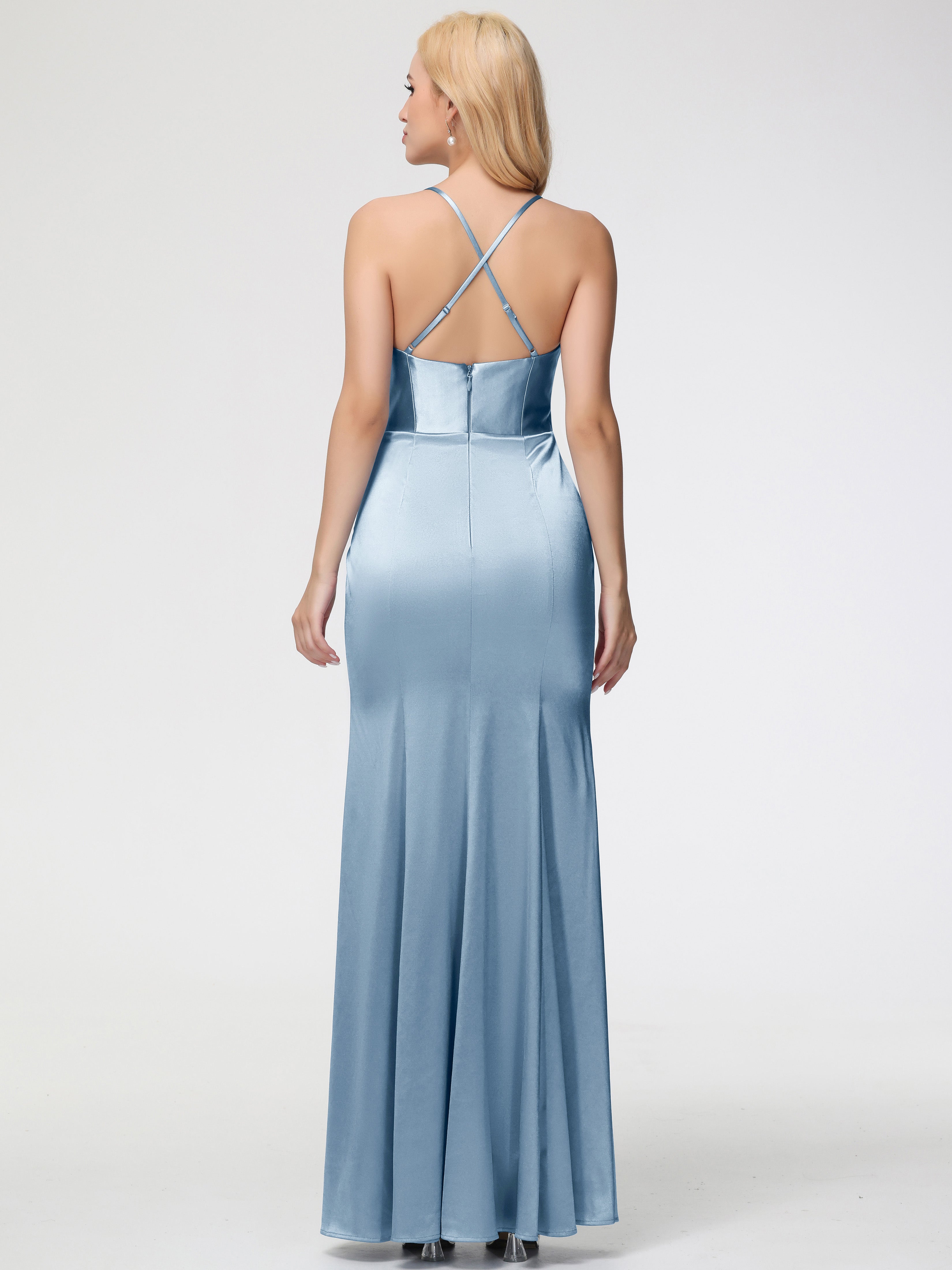Robes De Demoiselle D'Honneur Bleu Poudre Col Bénitier Satin Extensible Fendue Robe De Demoiselle D'Honneur Robe Plisée
