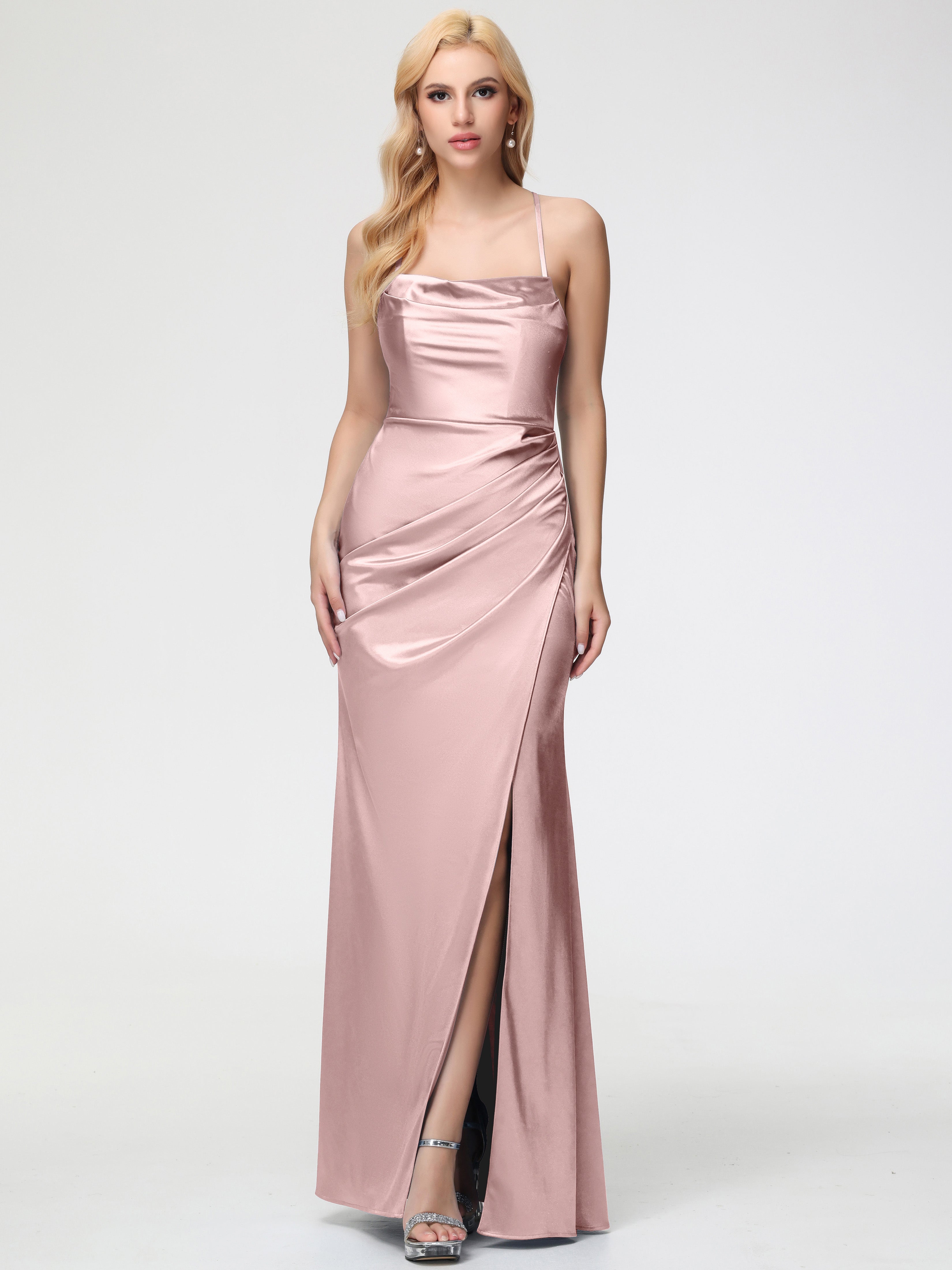 Demoiselle D Honneur ROSE POUDRÉ Col Bénitier Satin Extensible Fendue Robe De Demoiselle D'Honneur Robe Plisée