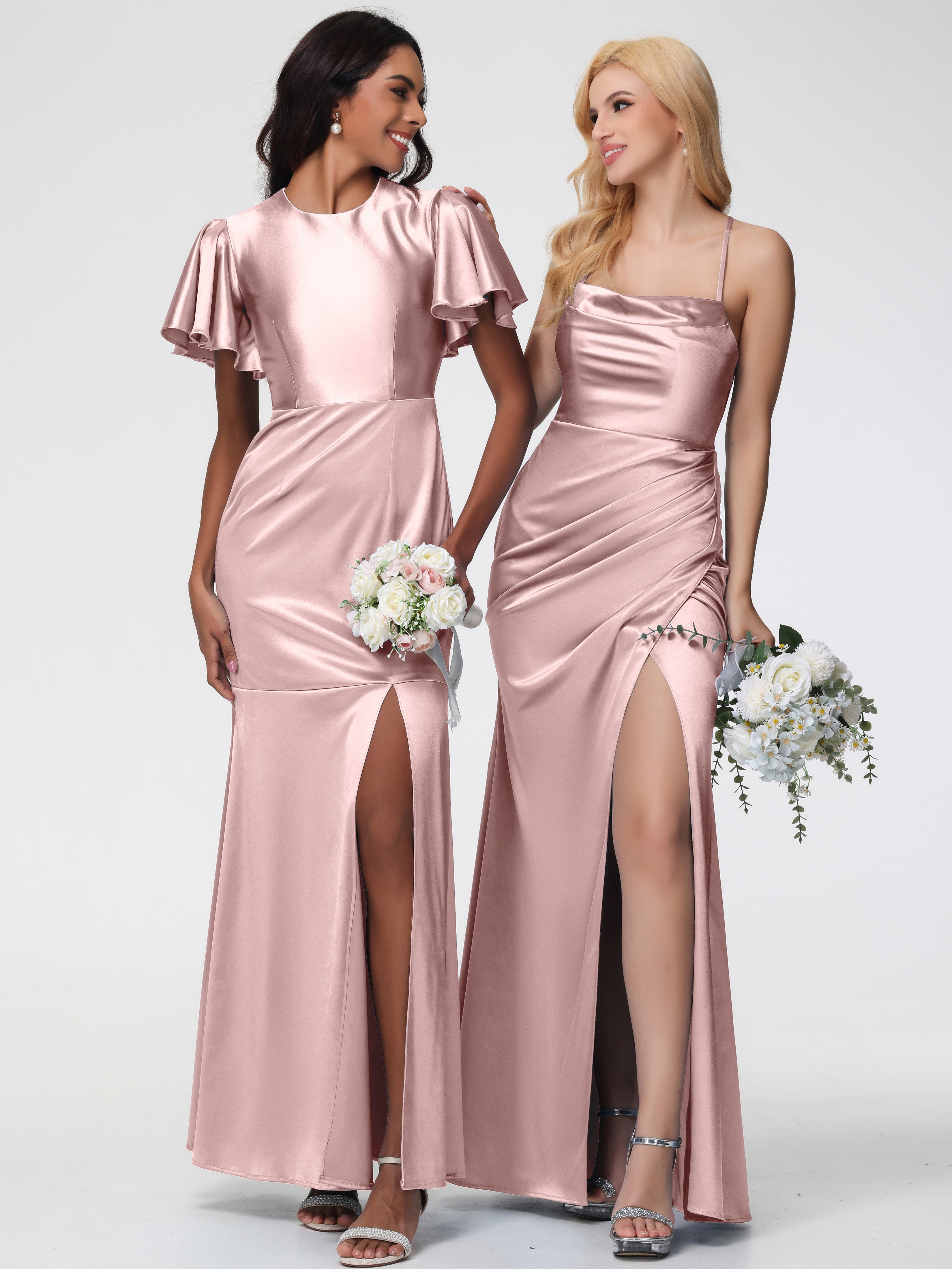 Demoiselle D Honneur ROSE POUDRÉ Col Bénitier Satin Extensible Fendue Robe De Demoiselle D'Honneur Robe Plisée