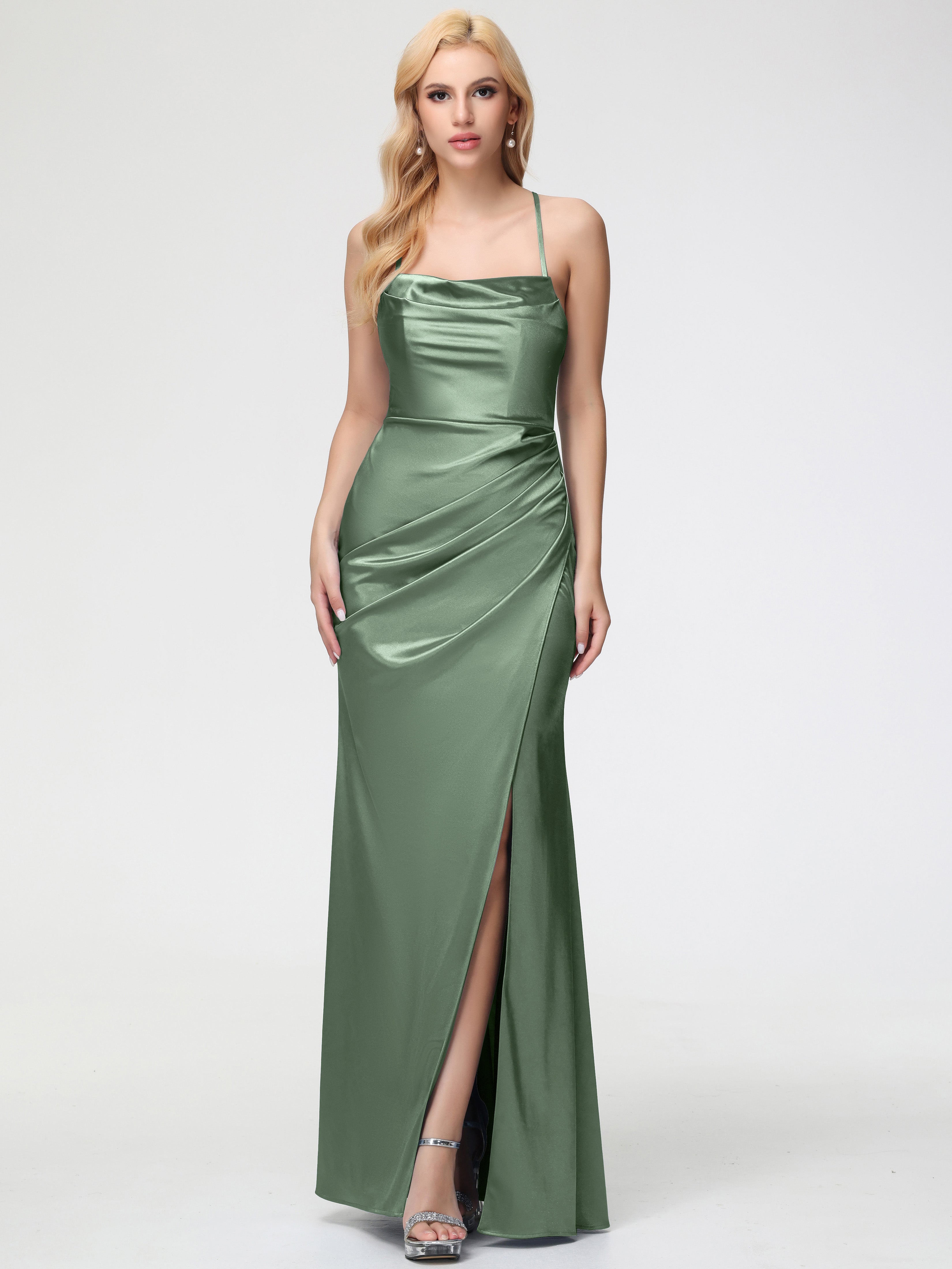 Demoiselles D'Honneur De Sauge Poussiéreuse Col Bénitier Satin Extensible Fendue Robe De Demoiselle D'Honneur Robe Plisée