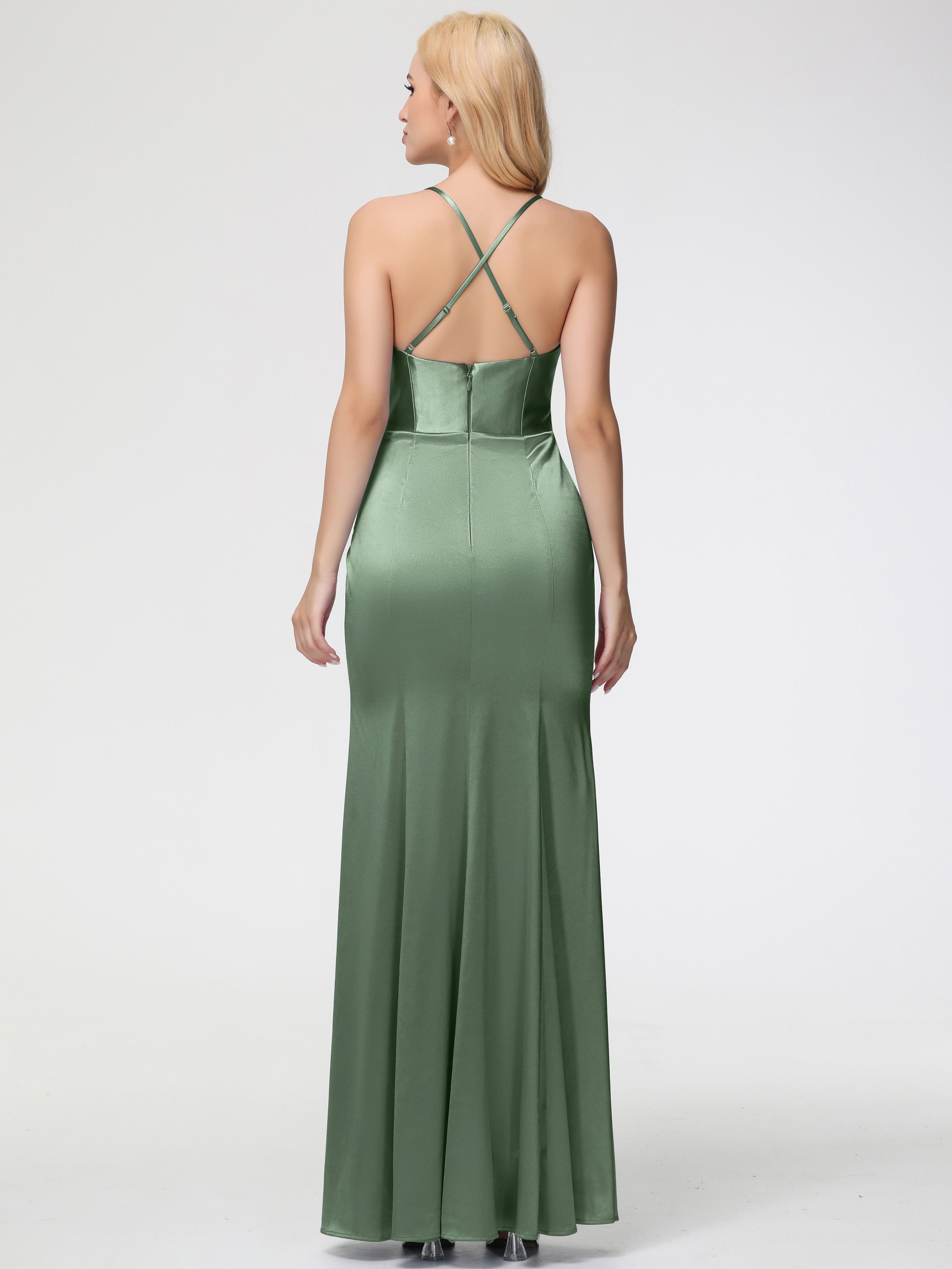 Demoiselles D'Honneur De Sauge Poussiéreuse Col Bénitier Satin Extensible Fendue Robe De Demoiselle D'Honneur Robe Plisée