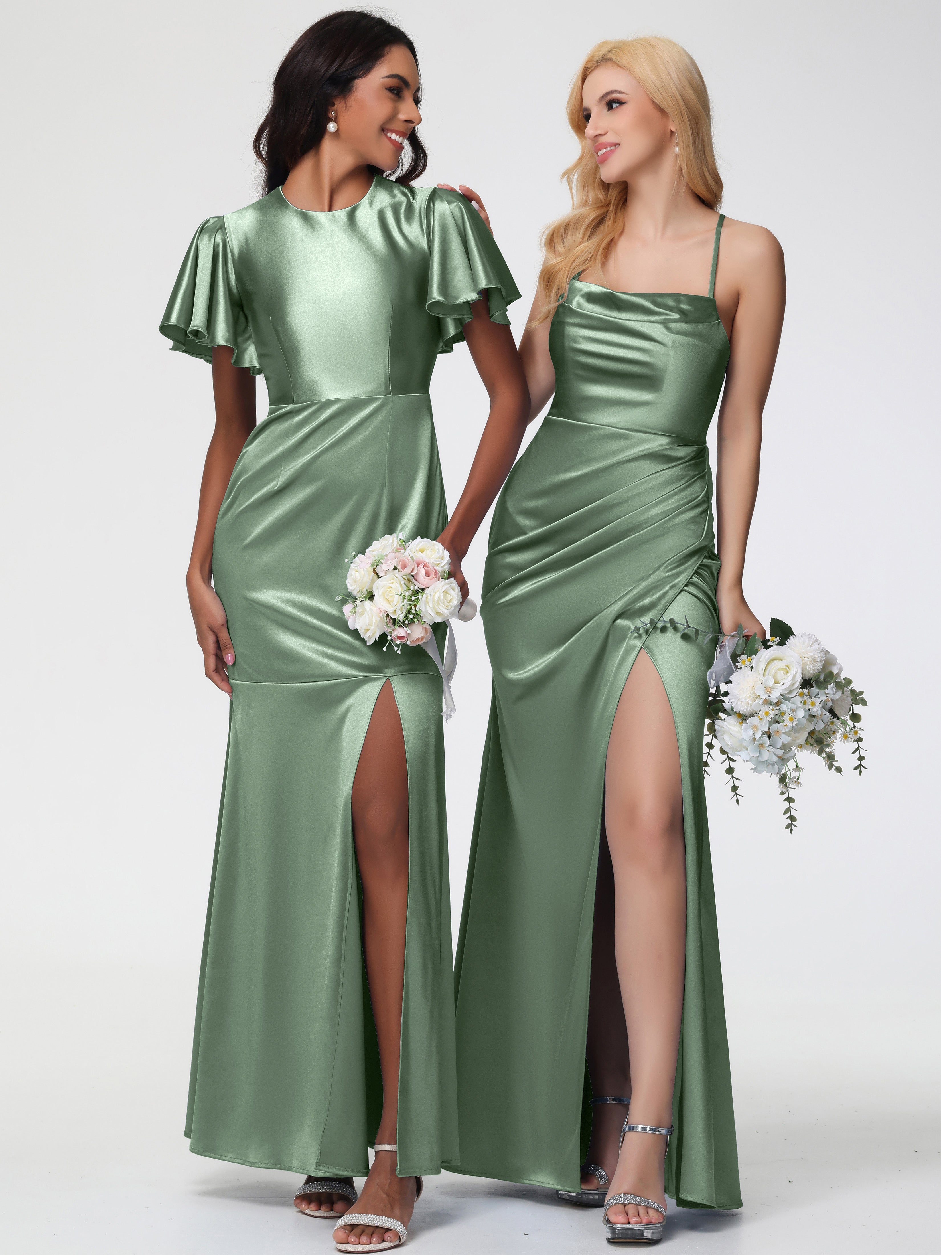 Demoiselles D'Honneur De Sauge Poussiéreuse Col Bénitier Satin Extensible Fendue Robe De Demoiselle D'Honneur Robe Plisée