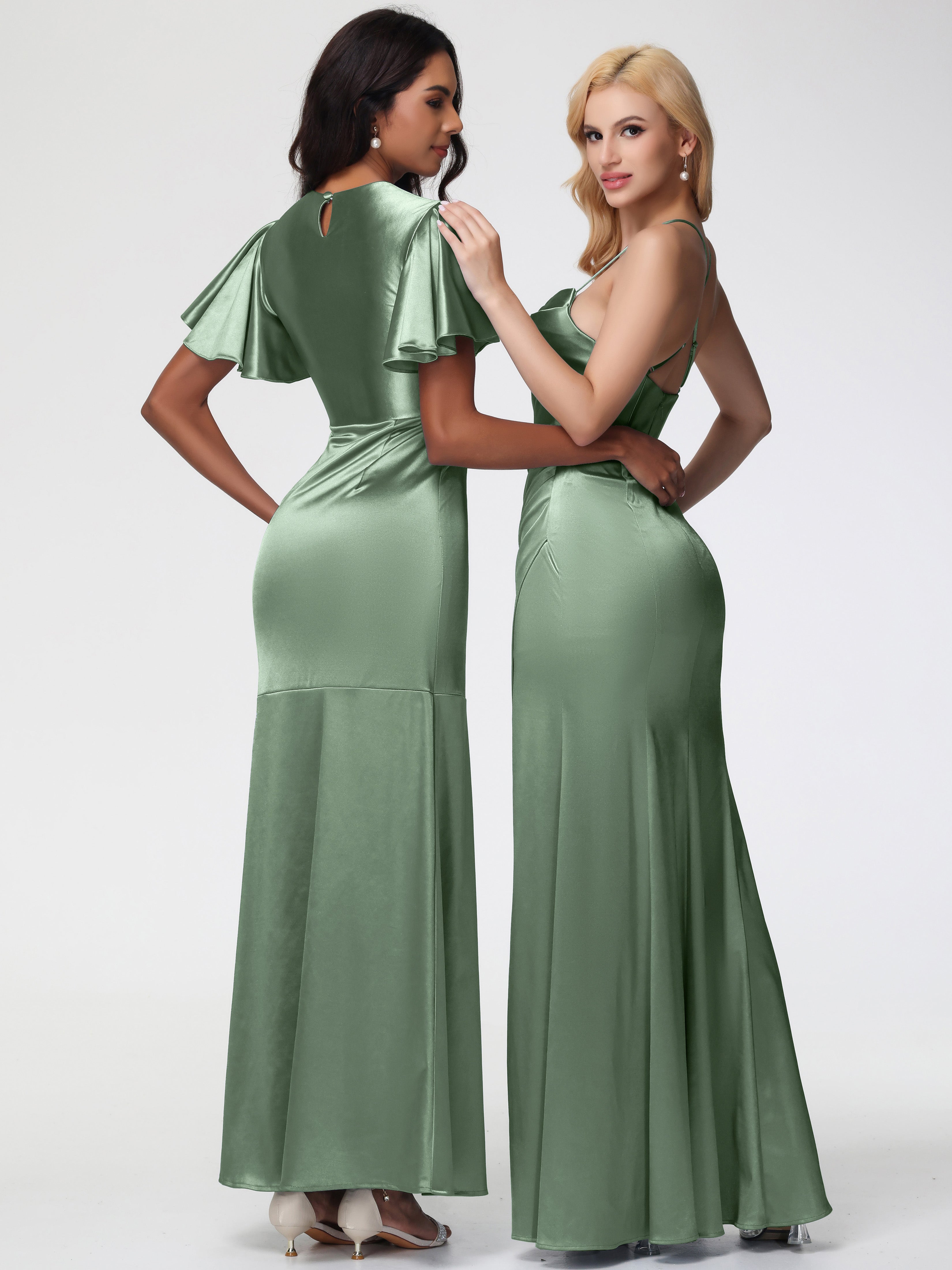 Demoiselles D'Honneur De Sauge Poussiéreuse Col Bénitier Satin Extensible Fendue Robe De Demoiselle D'Honneur Robe Plisée