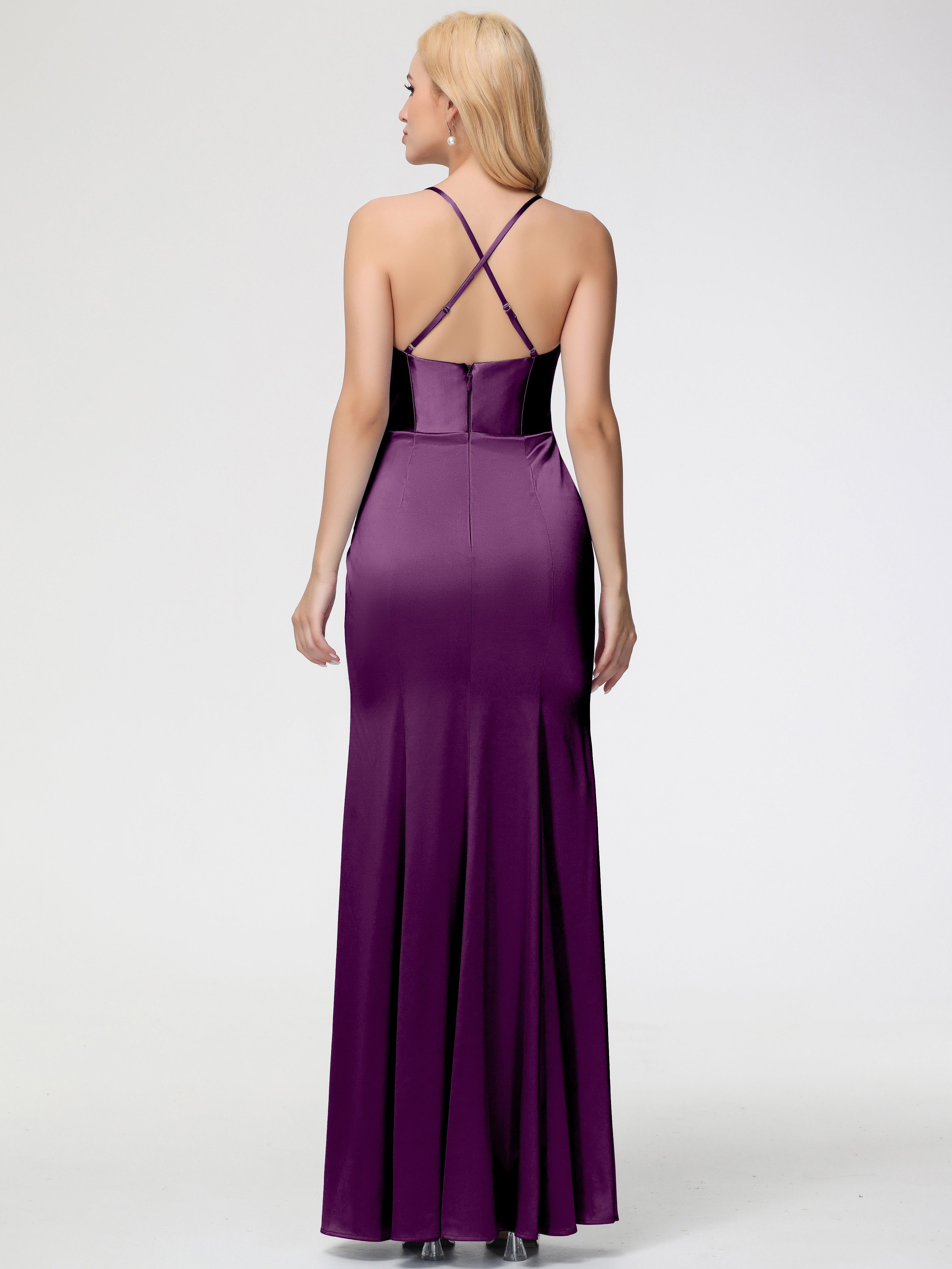 Robes De Demoiselle D'Honneur Raisin Col Bénitier Satin Extensible Fendue Robe De Demoiselle D'Honneur Robe Plisée