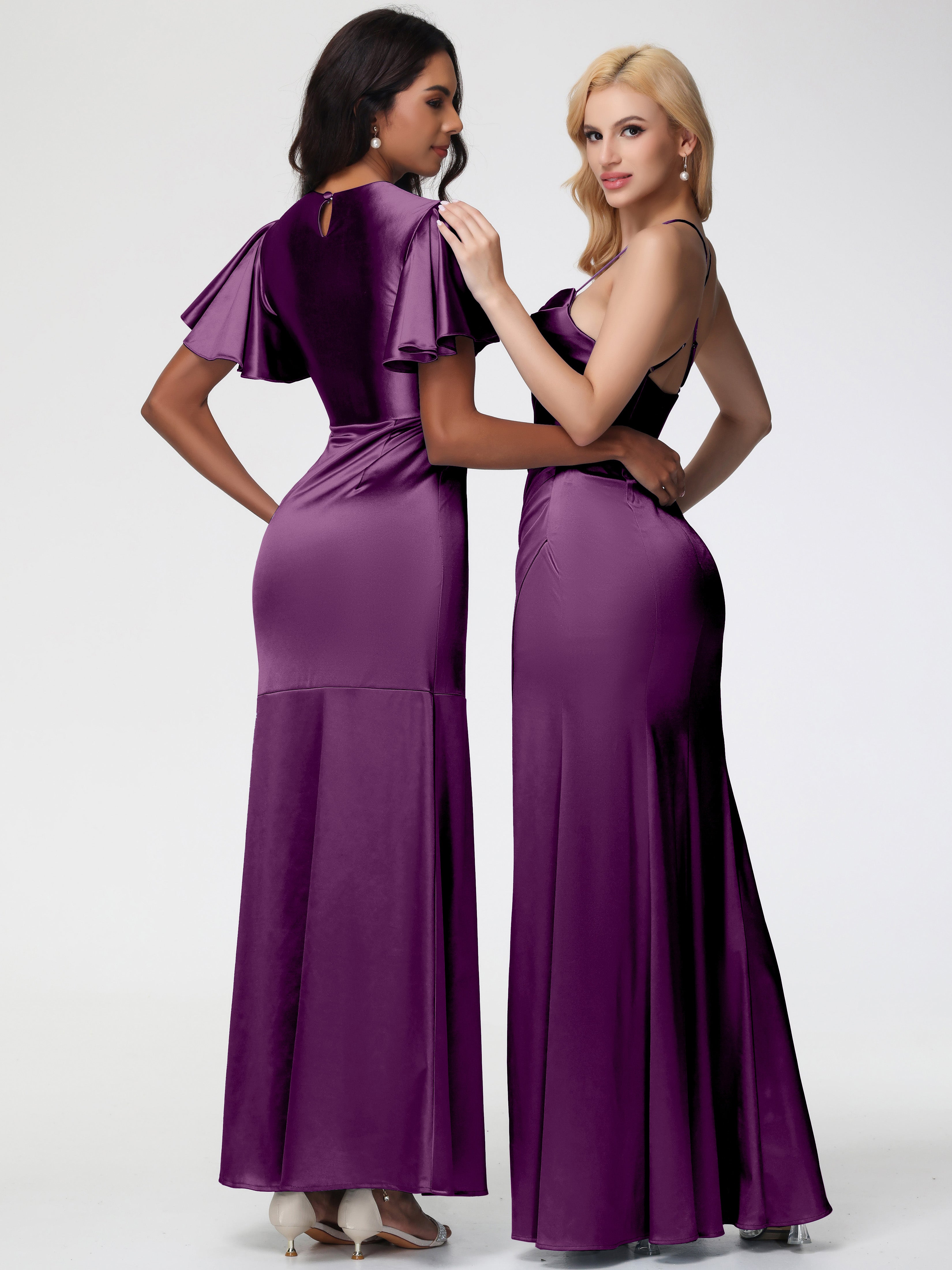 Robes De Demoiselle D'Honneur Raisin Col Bénitier Satin Extensible Fendue Robe De Demoiselle D'Honneur Robe Plisée