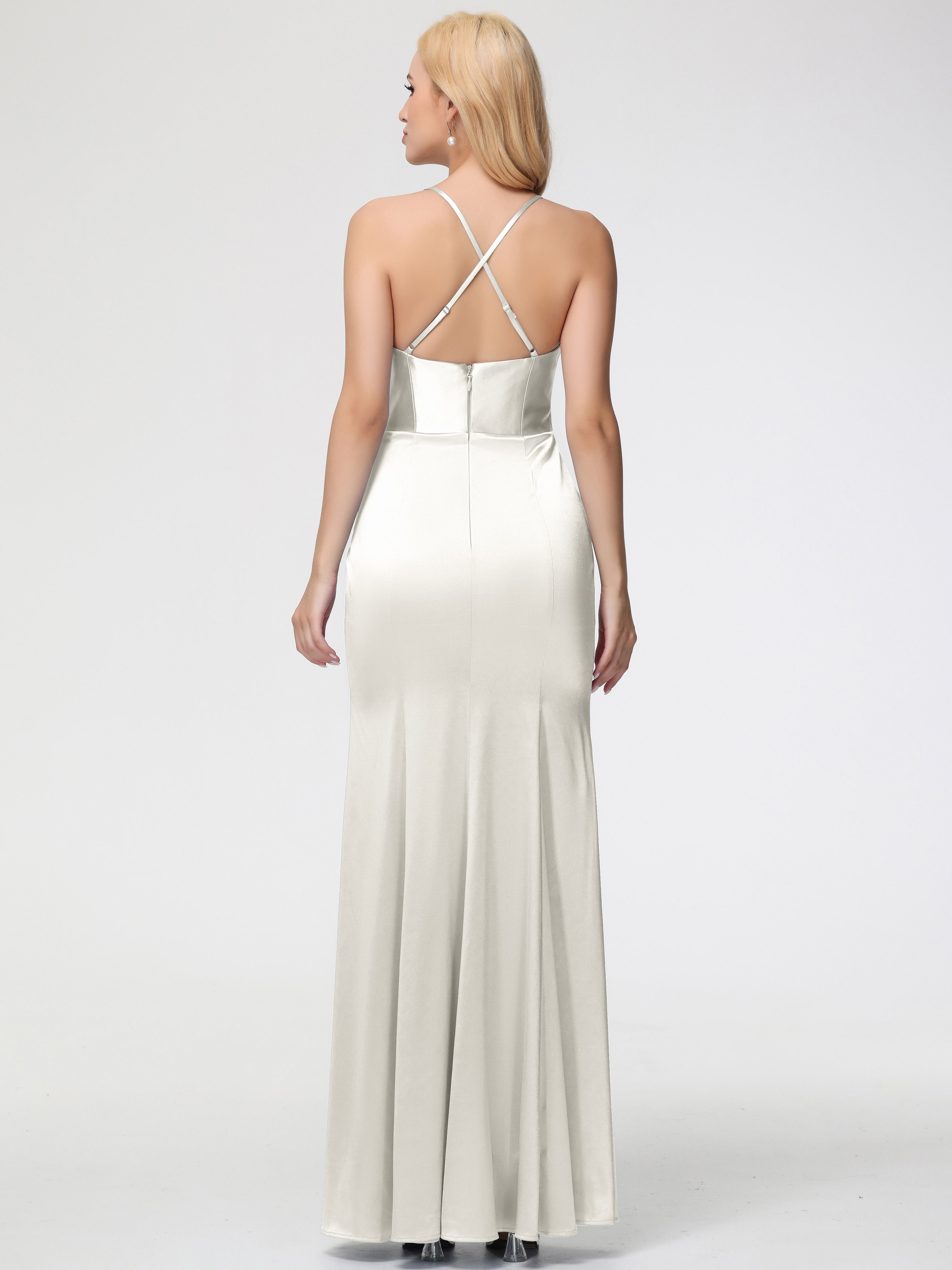 Robe Demoiselle D Honneur Ivoire Col Bénitier Satin Extensible Fendue Robe De Demoiselle D'Honneur Robe Plisée