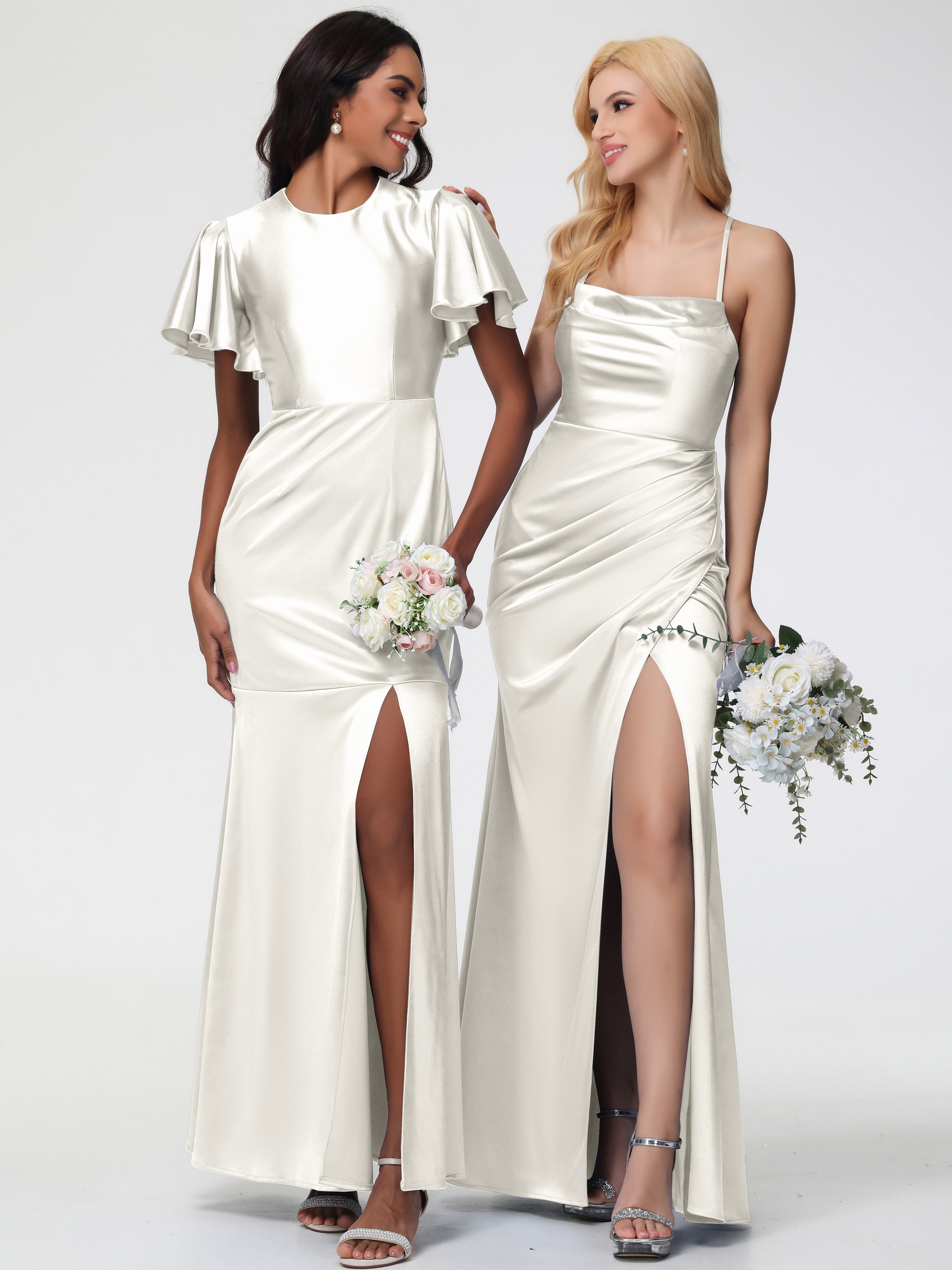 Robe Demoiselle D Honneur Ivoire Col Bénitier Satin Extensible Fendue Robe De Demoiselle D'Honneur Robe Plisée