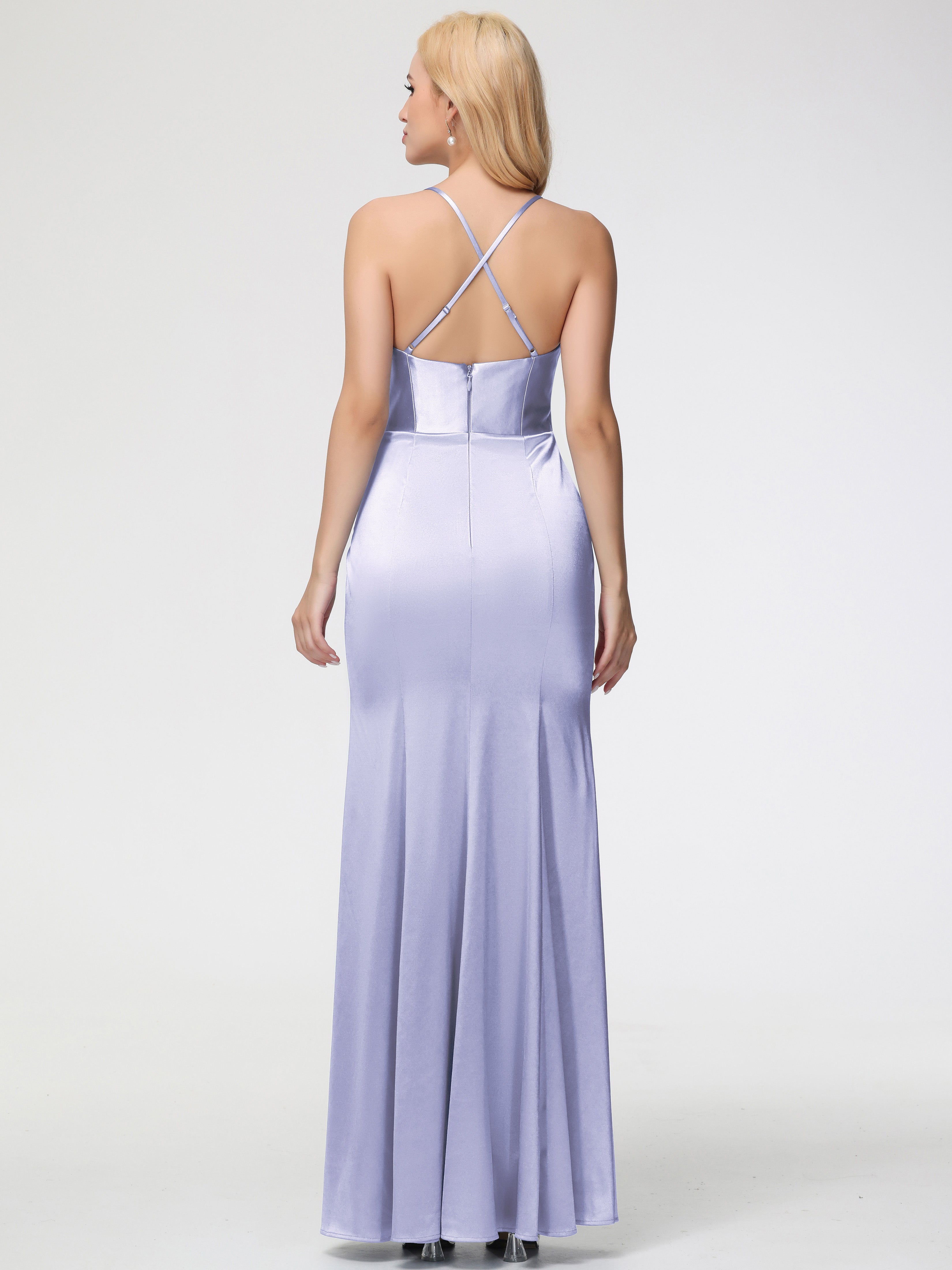 Robe Demoiselle D Honneur Couleur Lavande Col Bénitier Satin Extensible Fendue Robe De Demoiselle D'Honneur Robe Plisée