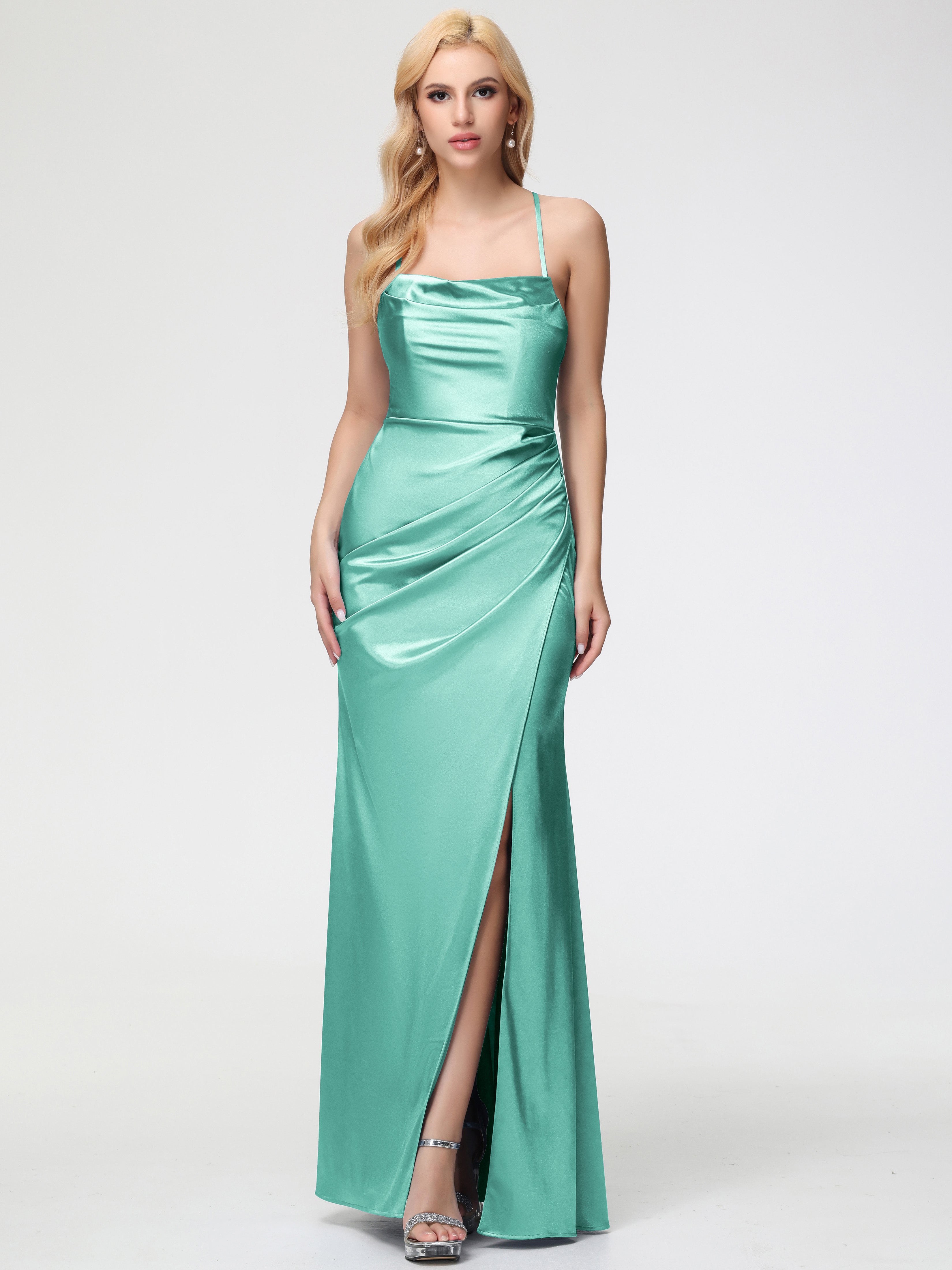 Robe Demoiselle D Honneur Vert Menthe Col Bénitier Satin Extensible Fendue Robe De Demoiselle D'Honneur Robe Plisée