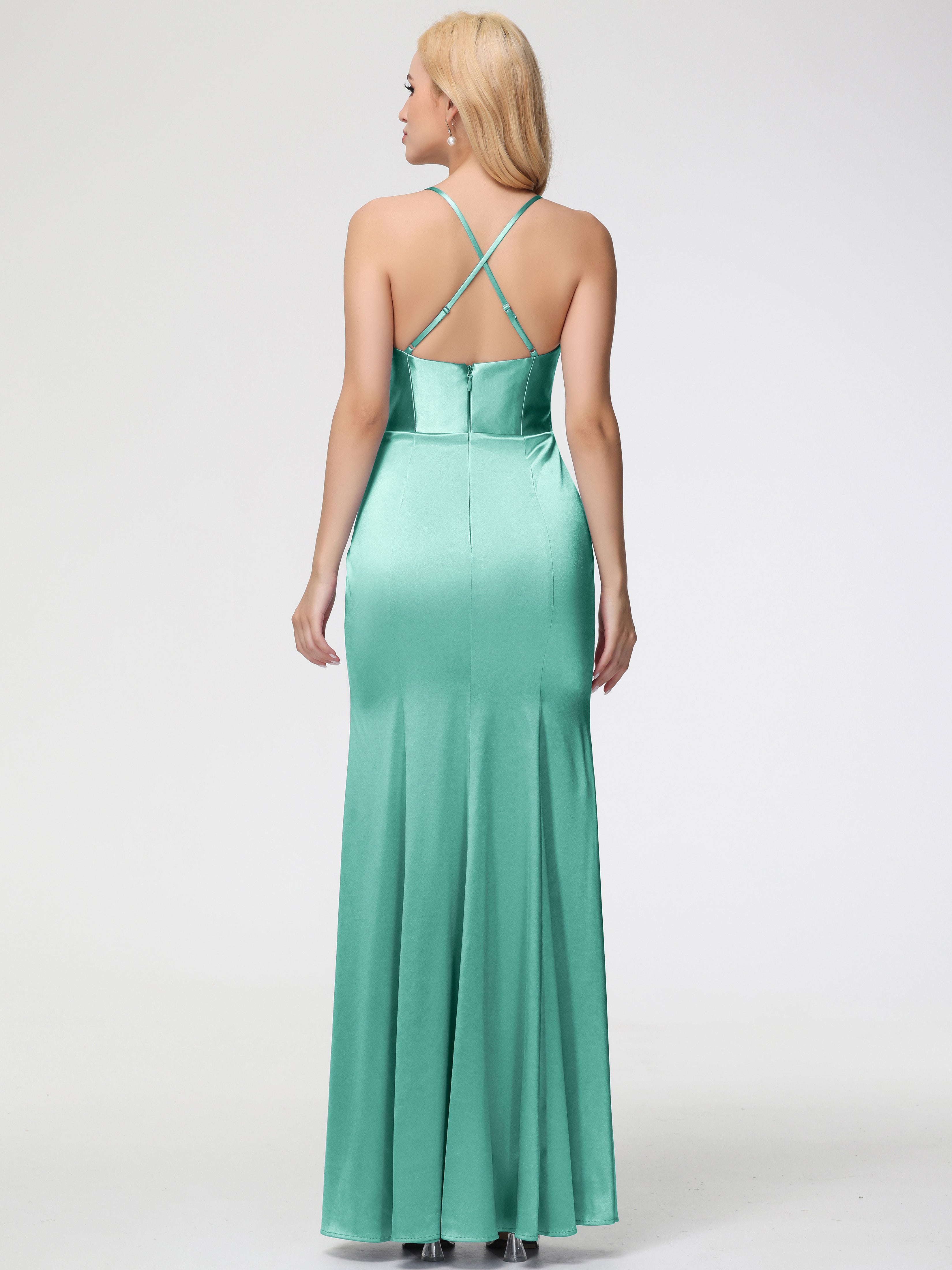 Robe Demoiselle D Honneur Vert Menthe Col Bénitier Satin Extensible Fendue Robe De Demoiselle D'Honneur Robe Plisée