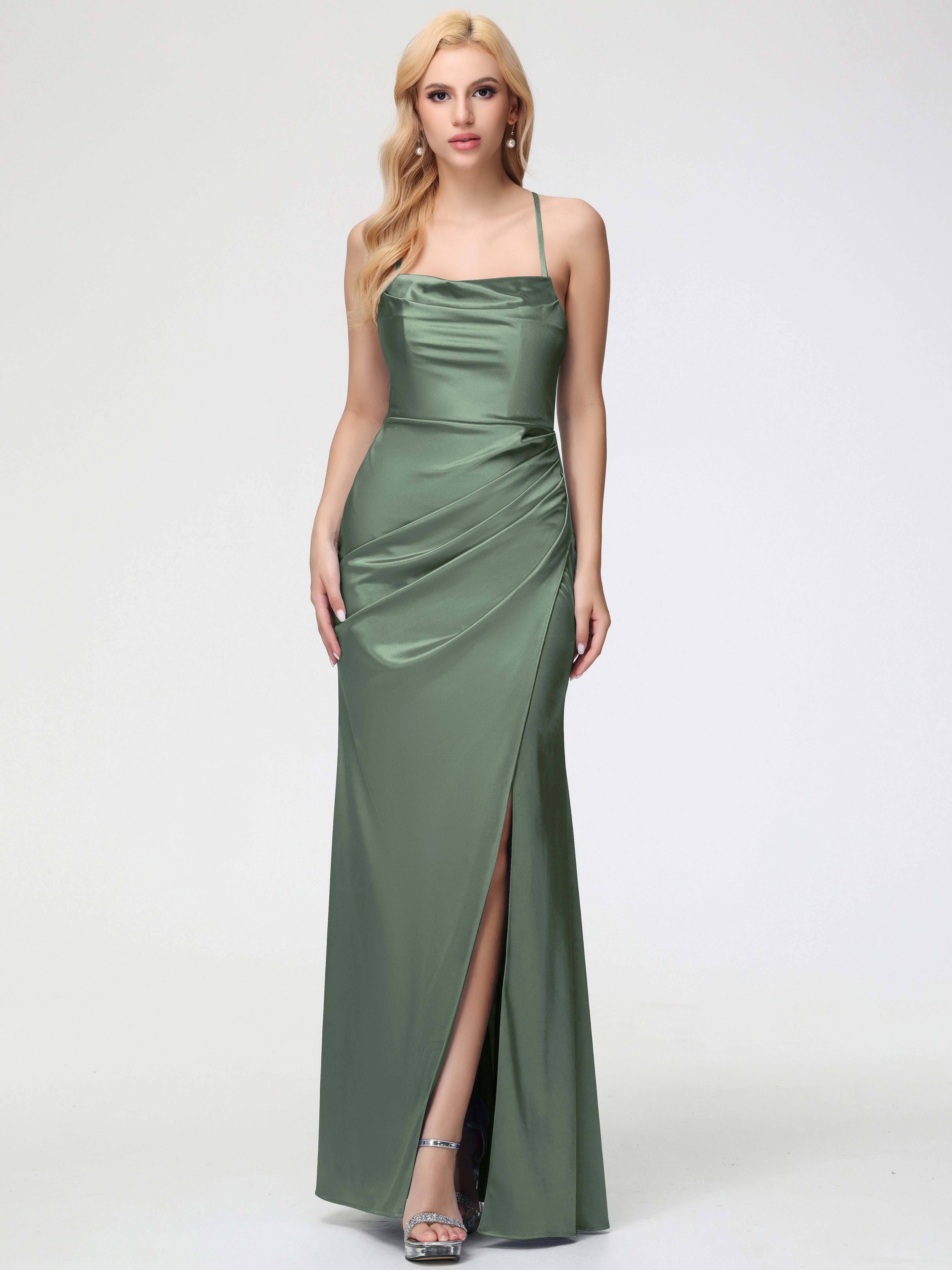 Robe Demoiselle D Honneur Olive Col Bénitier Satin Extensible Fendue Robe De Demoiselle D'Honneur Robe Plisée