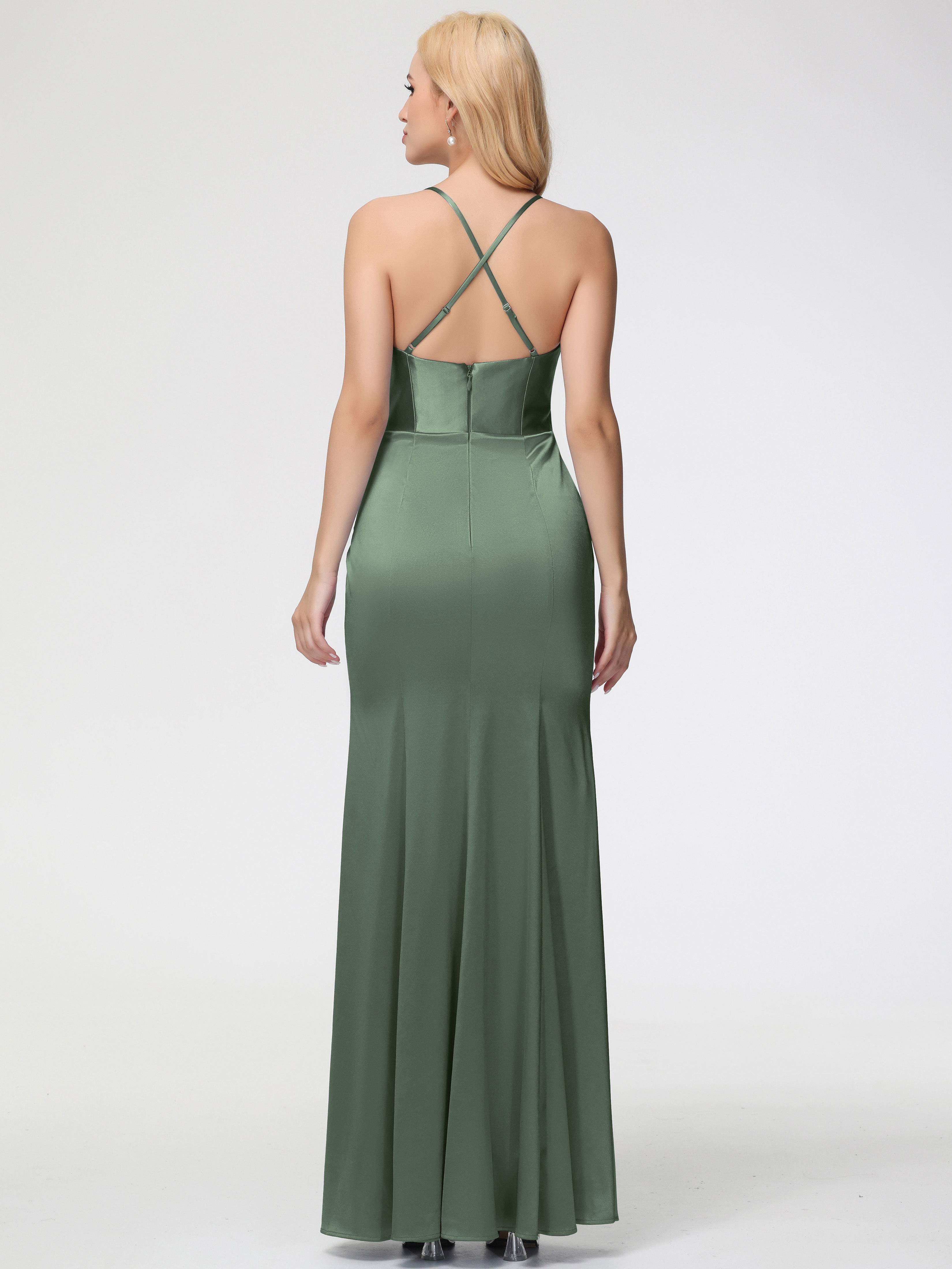 Robe Demoiselle D Honneur Olive Col Bénitier Satin Extensible Fendue Robe De Demoiselle D'Honneur Robe Plisée