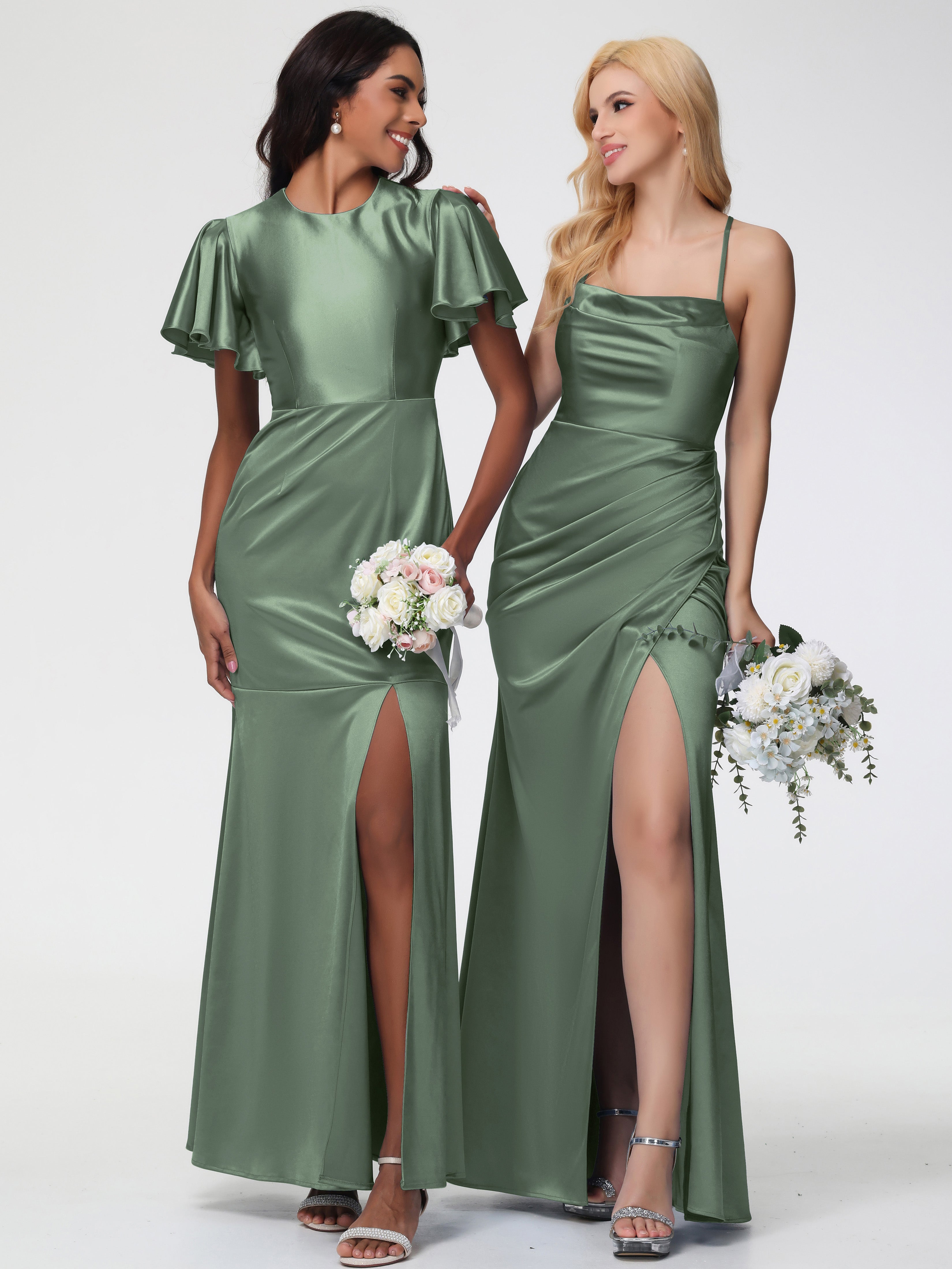 Robe Demoiselle D Honneur Olive Col Bénitier Satin Extensible Fendue Robe De Demoiselle D'Honneur Robe Plisée