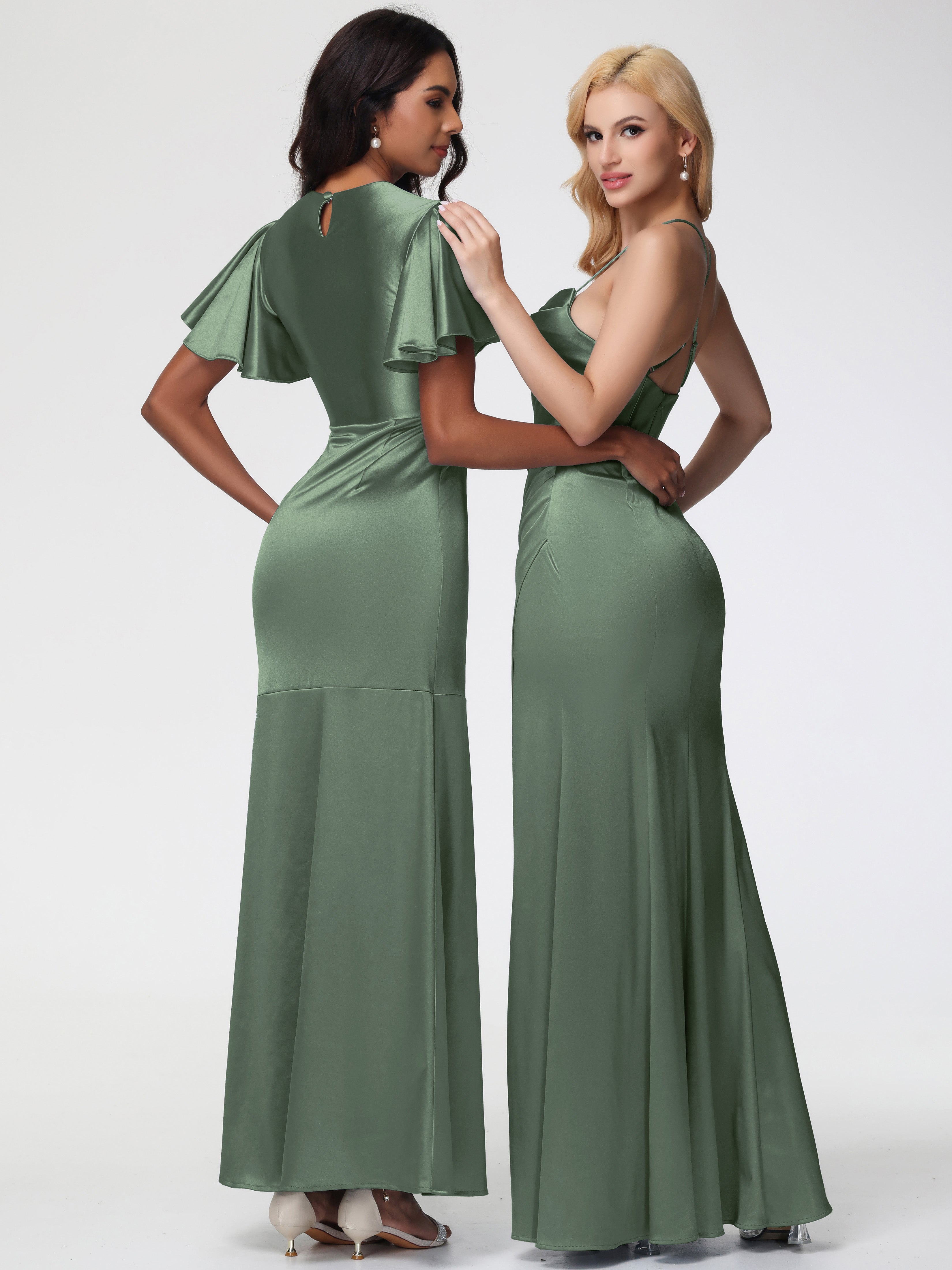 Robe Demoiselle D Honneur Olive Col Bénitier Satin Extensible Fendue Robe De Demoiselle D'Honneur Robe Plisée