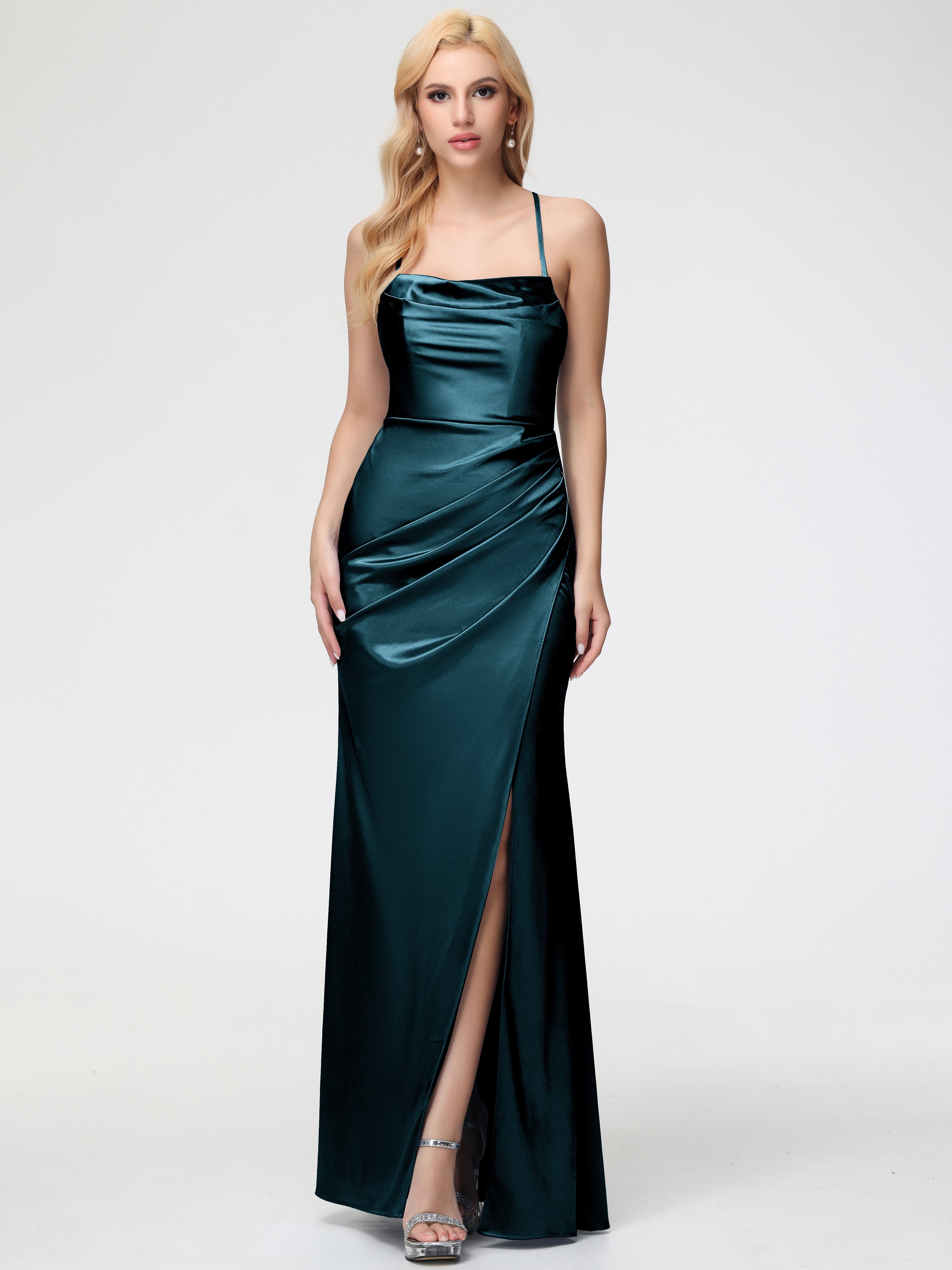Robes De Demoiselle D'Honneur Couleur Paon Col Bénitier Satin Extensible Fendue Robe De Demoiselle D'Honneur Robe Plisée