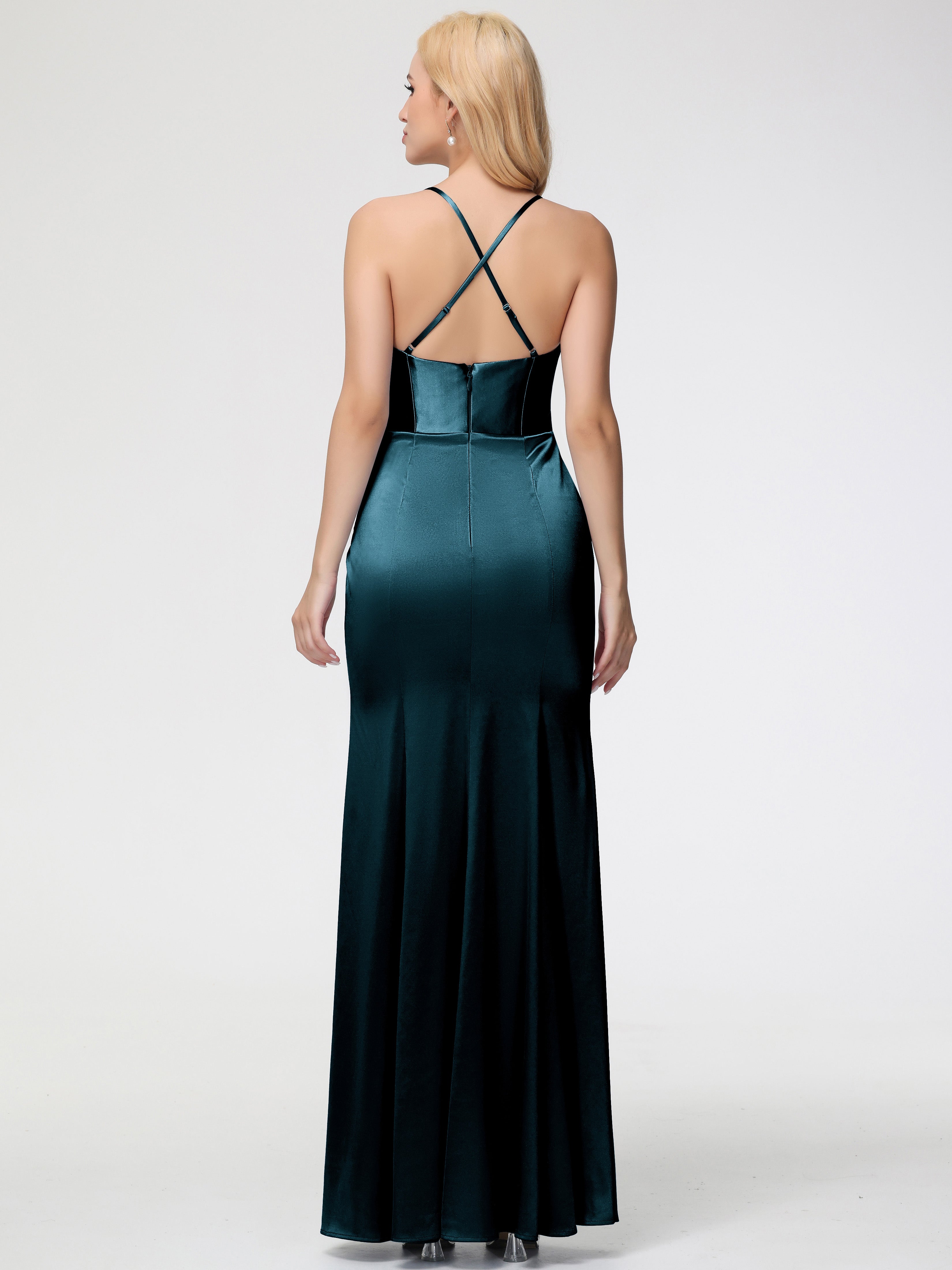 Robes De Demoiselle D'Honneur Couleur Paon Col Bénitier Satin Extensible Fendue Robe De Demoiselle D'Honneur Robe Plisée