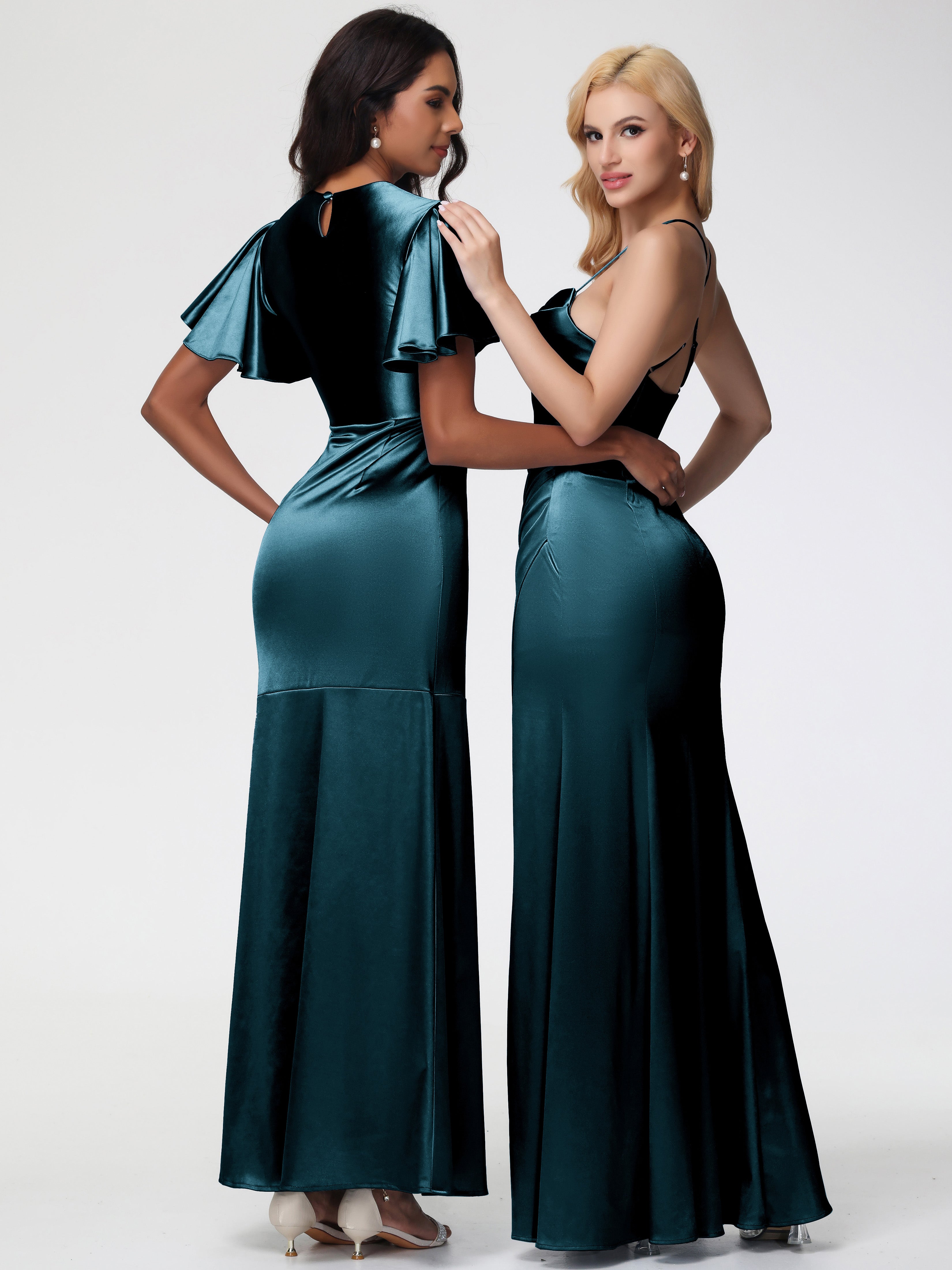Robes De Demoiselle D'Honneur Couleur Paon Col Bénitier Satin Extensible Fendue Robe De Demoiselle D'Honneur Robe Plisée