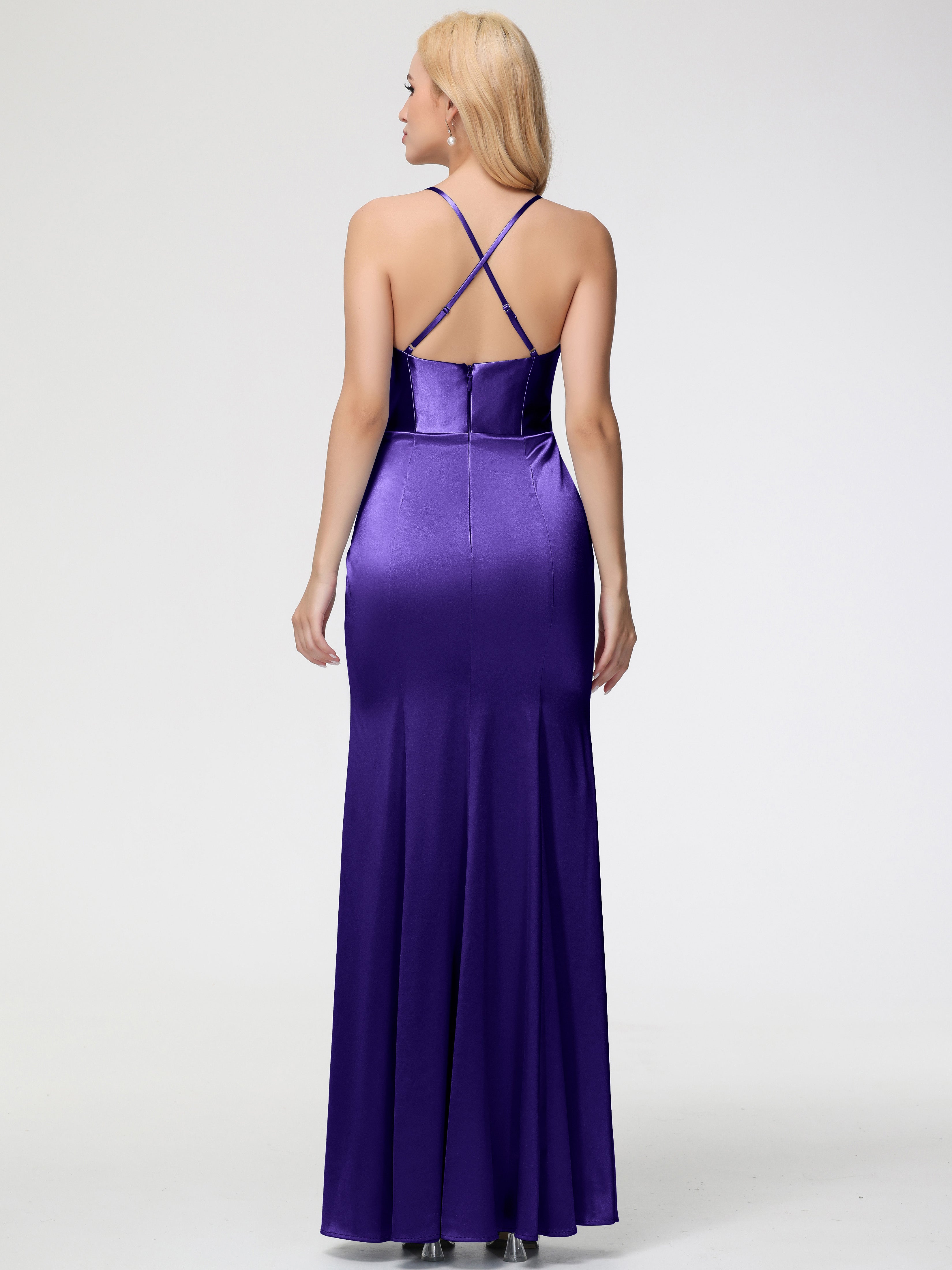 Robes De Demoiselle D'Honneur En Régence Col Bénitier Satin Extensible Fendue Robe De Demoiselle D'Honneur Robe Plisée