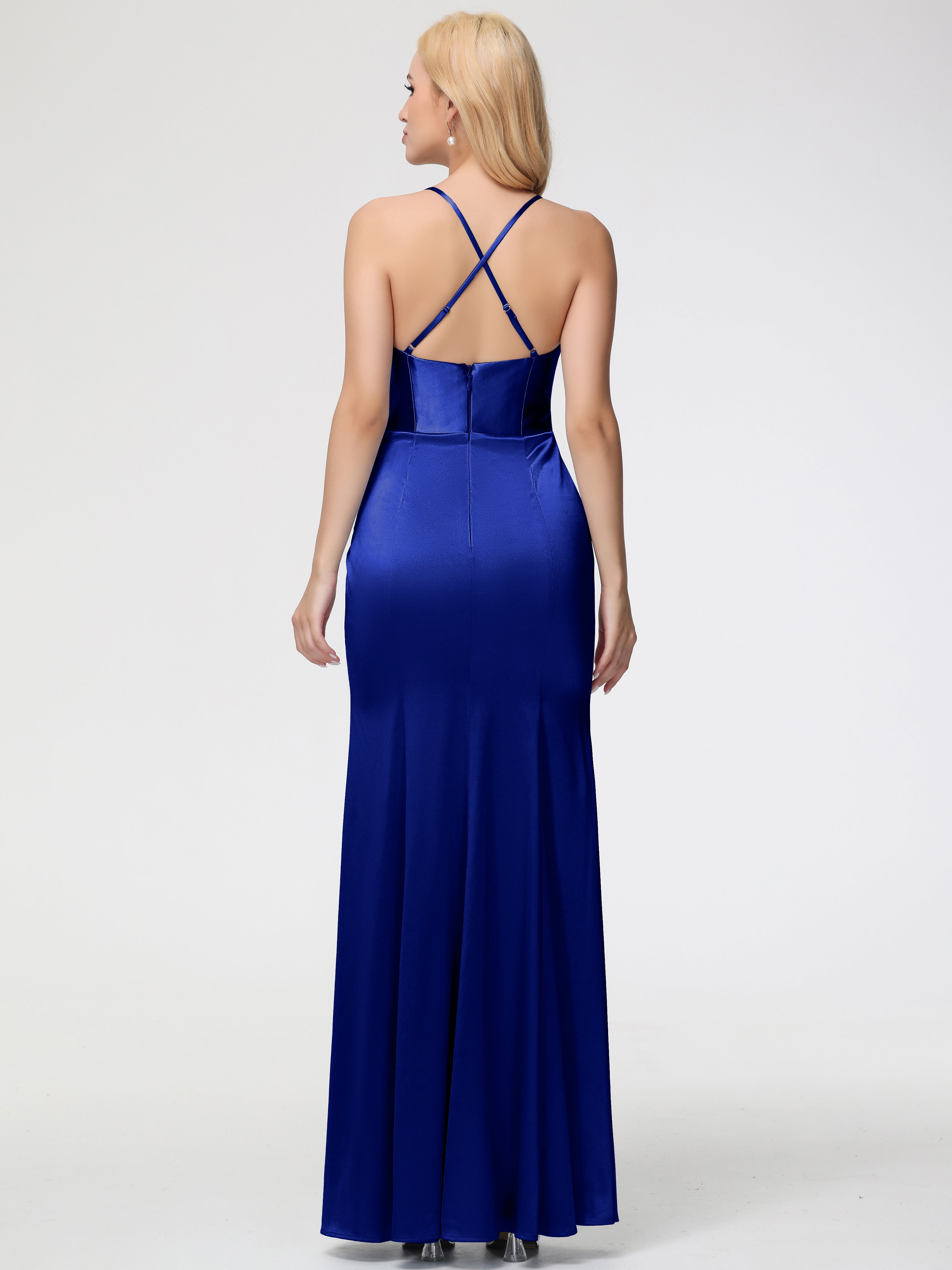 Robes De Demoiselle D'Honneur Bleu Royal Col Bénitier Satin Extensible Fendue Robe De Demoiselle D'Honneur Robe Plisée