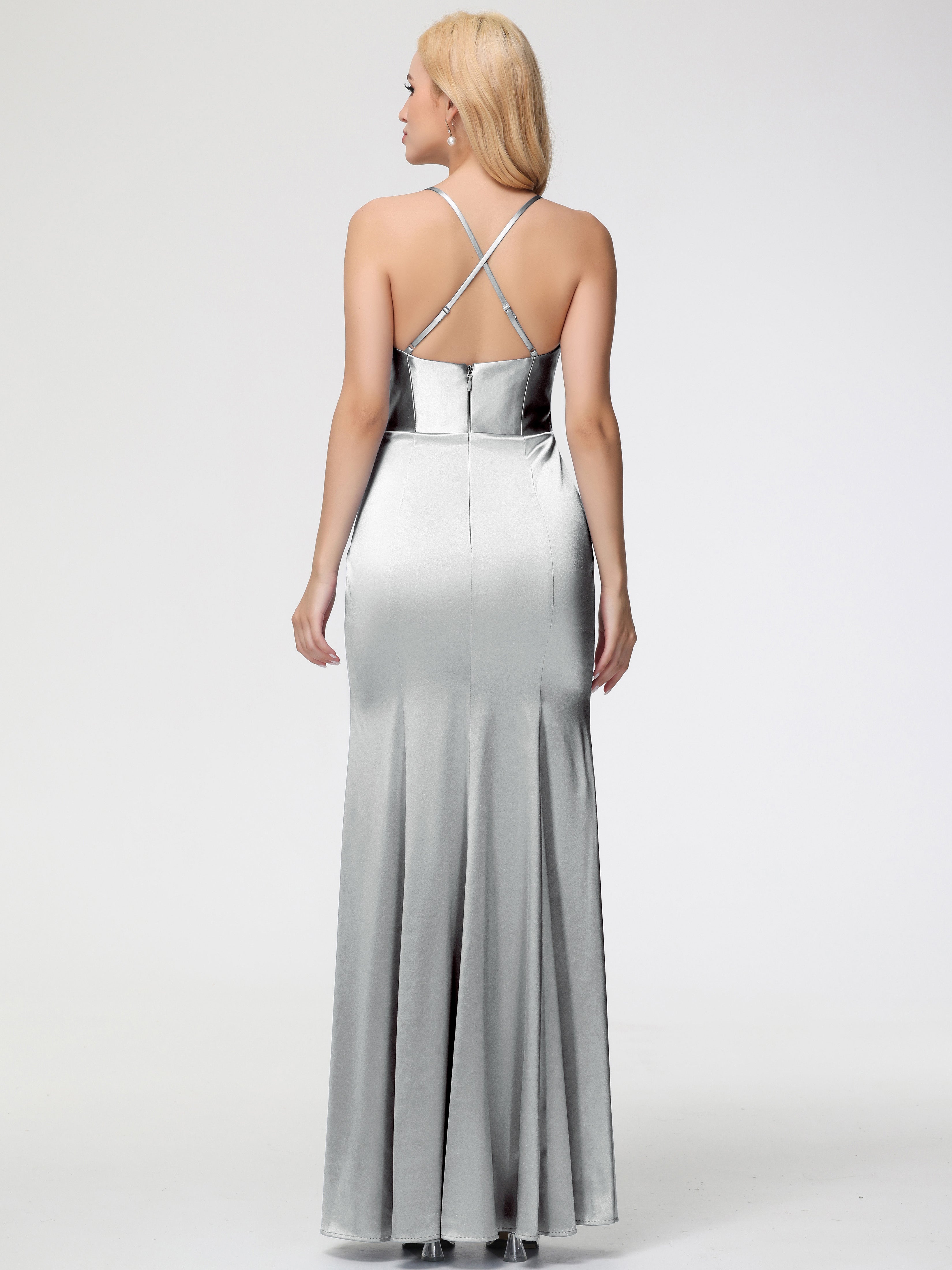 Robes De Demoiselle D'Honneur En Argent Col Bénitier Satin Extensible Fendue Robe De Demoiselle D'Honneur Robe Plisée