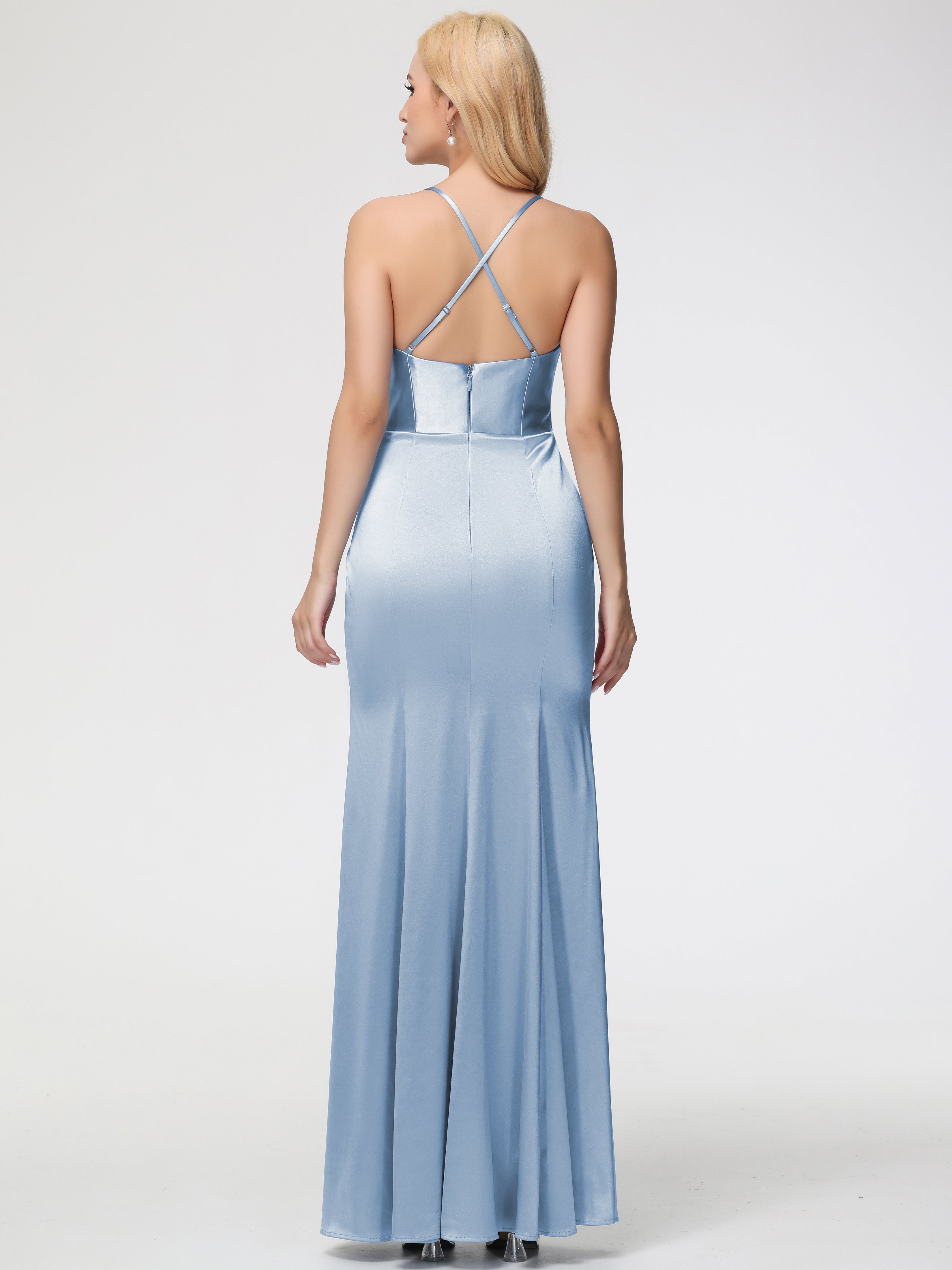 Robe De Demoiselle D Honneur Bleu Ciel Col Bénitier Satin Extensible Fendue Robe De Demoiselle D'Honneur Robe Plisée