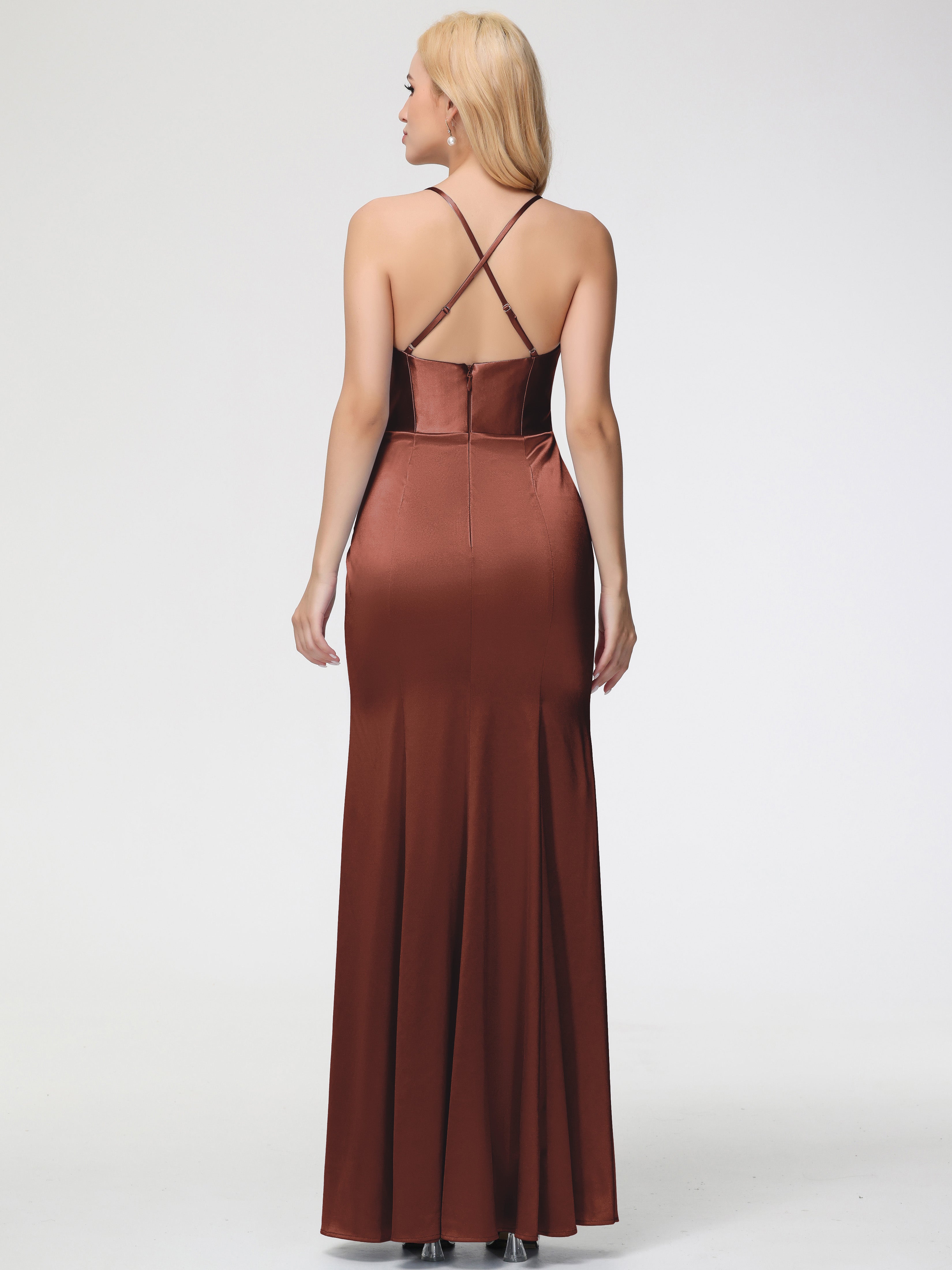 Robes Demoiselle D Honneur Terracotta Col Bénitier Satin Extensible Fendue Robe De Demoiselle D'Honneur Robe Plisée