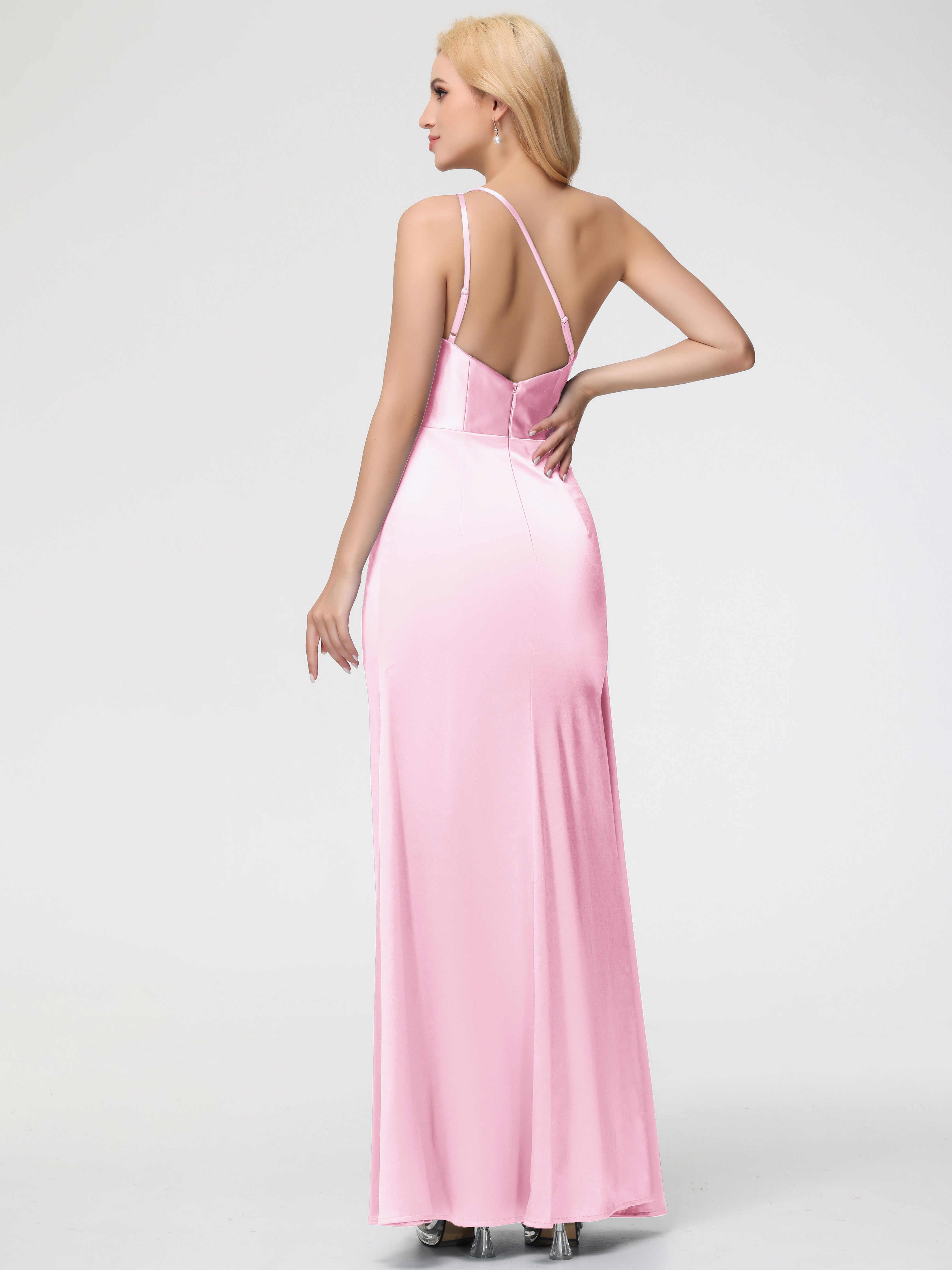 ROSE PÂLE Robe Demoiselle D Honneur Satin Extensible Seule-épaule Fourreau/Colonne Fendue Robe De Demoiselle D'Honneur