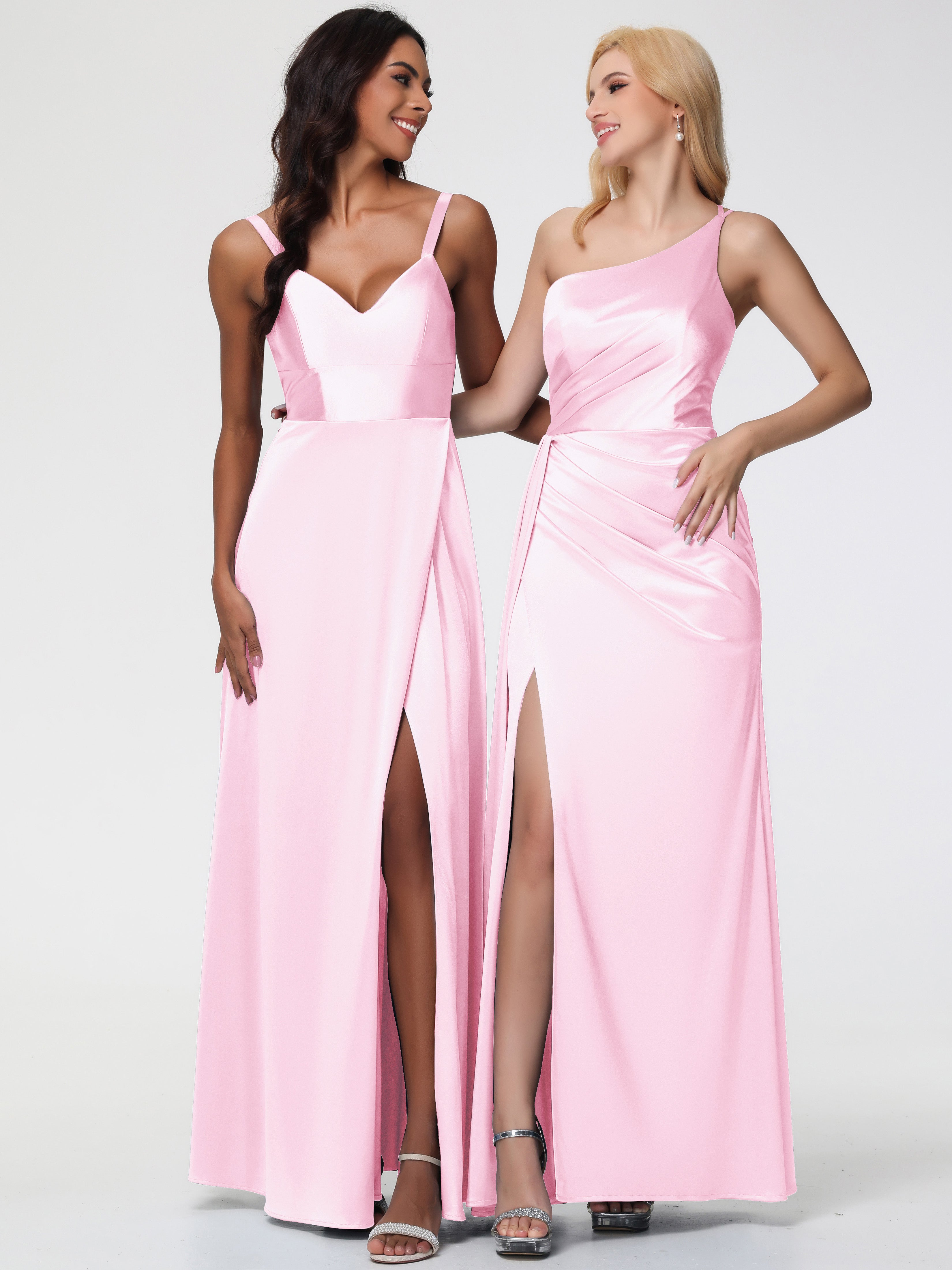 ROSE PÂLE Robe Demoiselle D Honneur Satin Extensible Seule-épaule Fourreau/Colonne Fendue Robe De Demoiselle D'Honneur