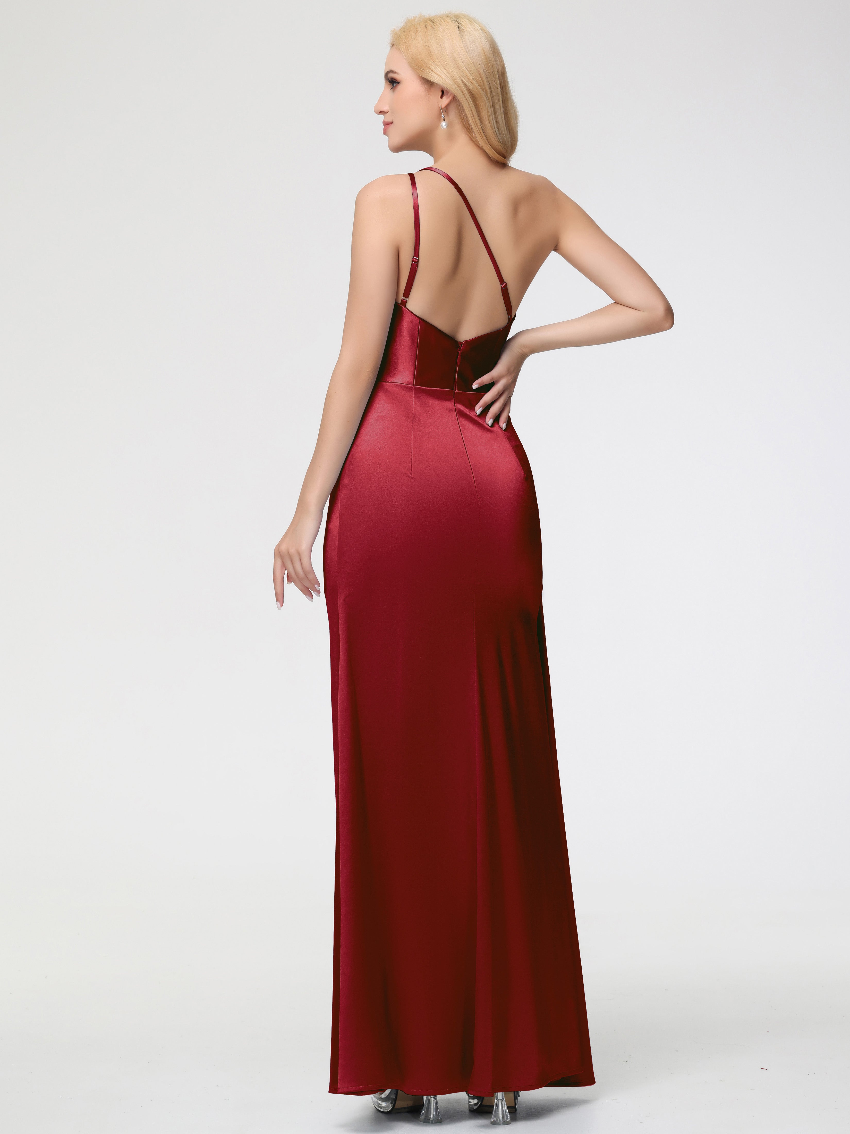 Robe Demoiselle D Honneur Couleur Bordeaux Satin Extensible Seule-épaule Fourreau/Colonne Fendue Robe De Demoiselle D'Honneur