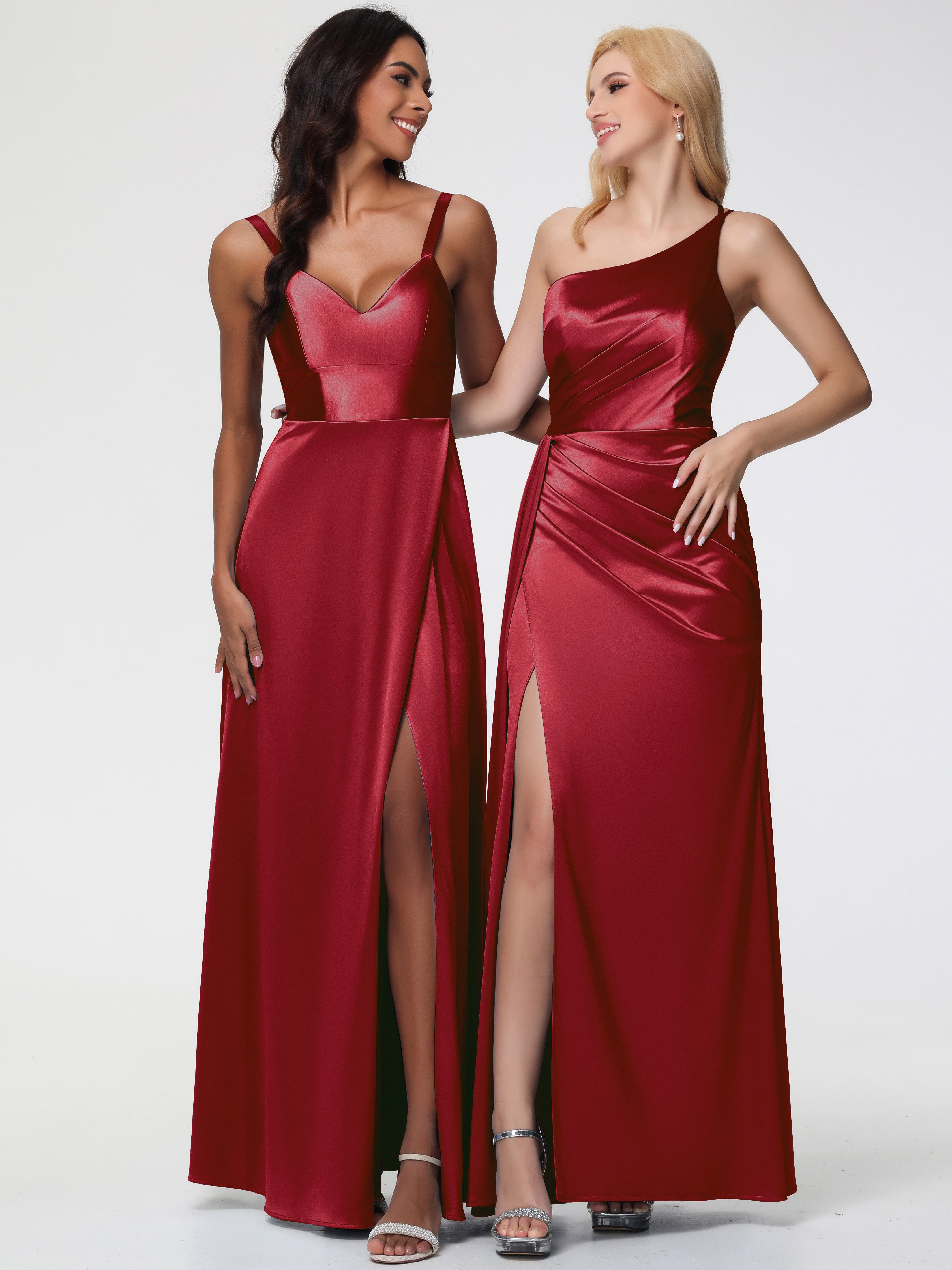 Robe Demoiselle D Honneur Couleur Bordeaux Satin Extensible Seule-épaule Fourreau/Colonne Fendue Robe De Demoiselle D'Honneur