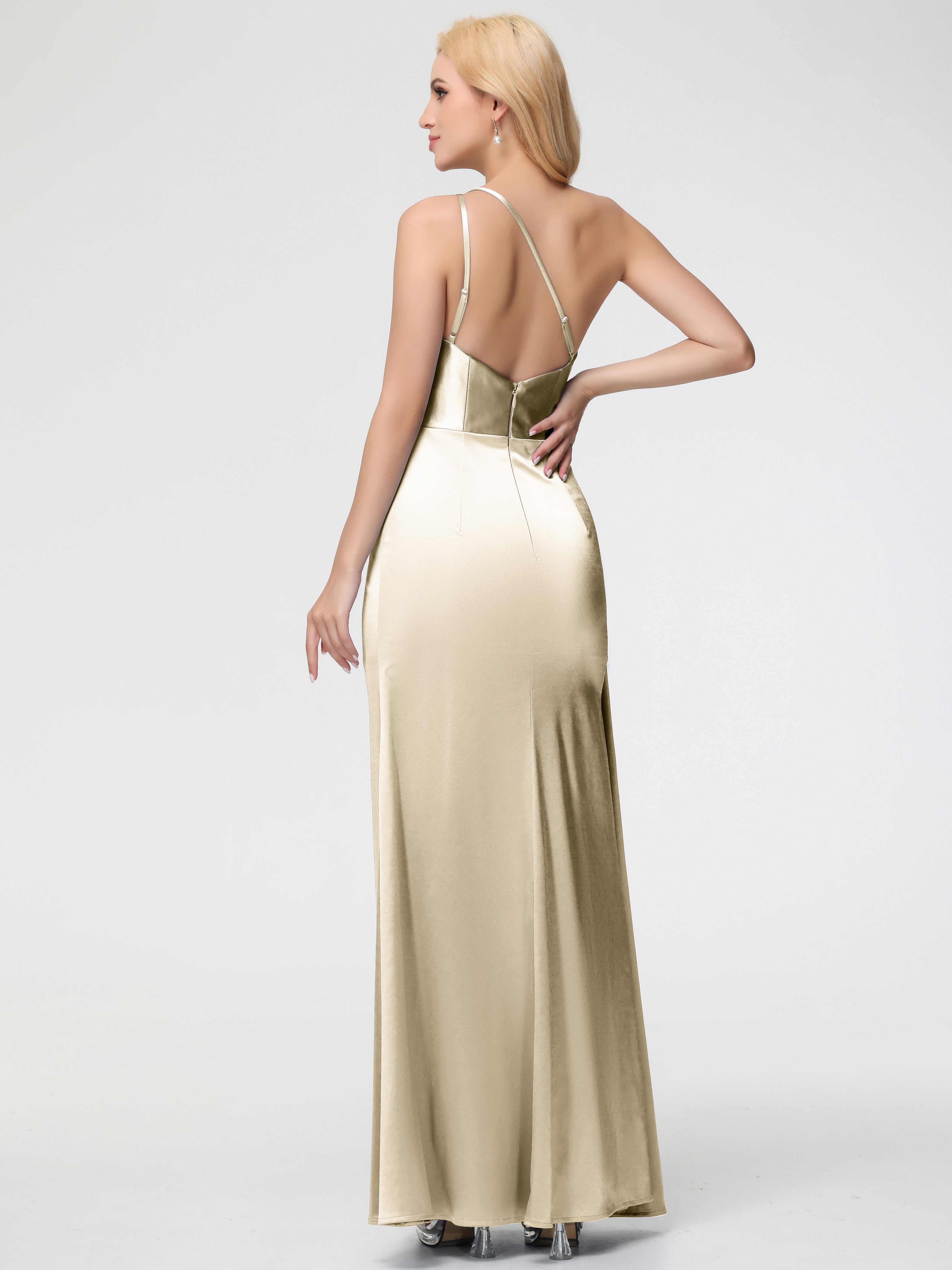 Robes De Demoiselle D Honneur Champagne Satin Extensible Seule-épaule Fourreau/Colonne Fendue Robe De Demoiselle D'Honneur