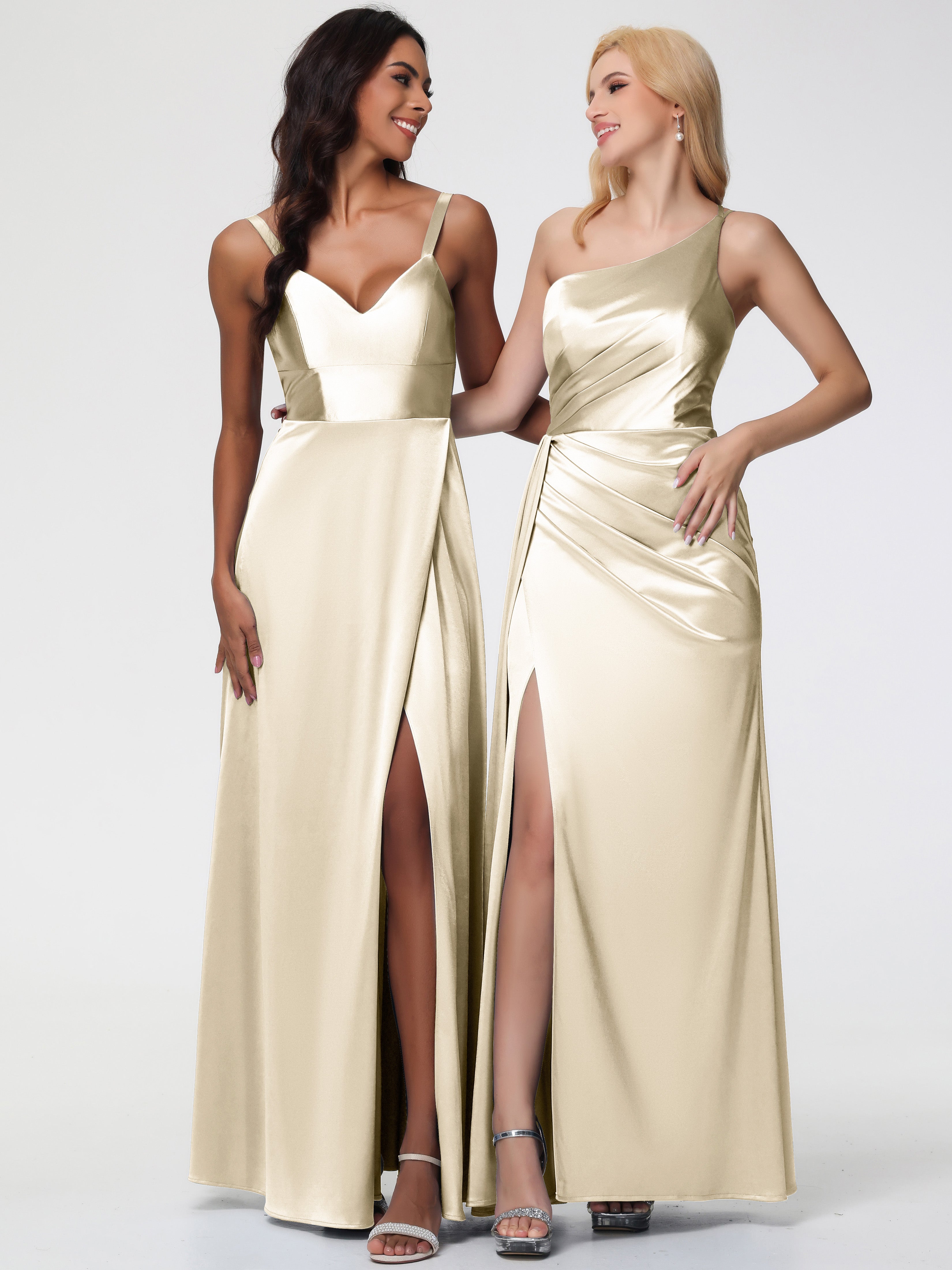 Robes De Demoiselle D Honneur Champagne Satin Extensible Seule-épaule Fourreau/Colonne Fendue Robe De Demoiselle D'Honneur