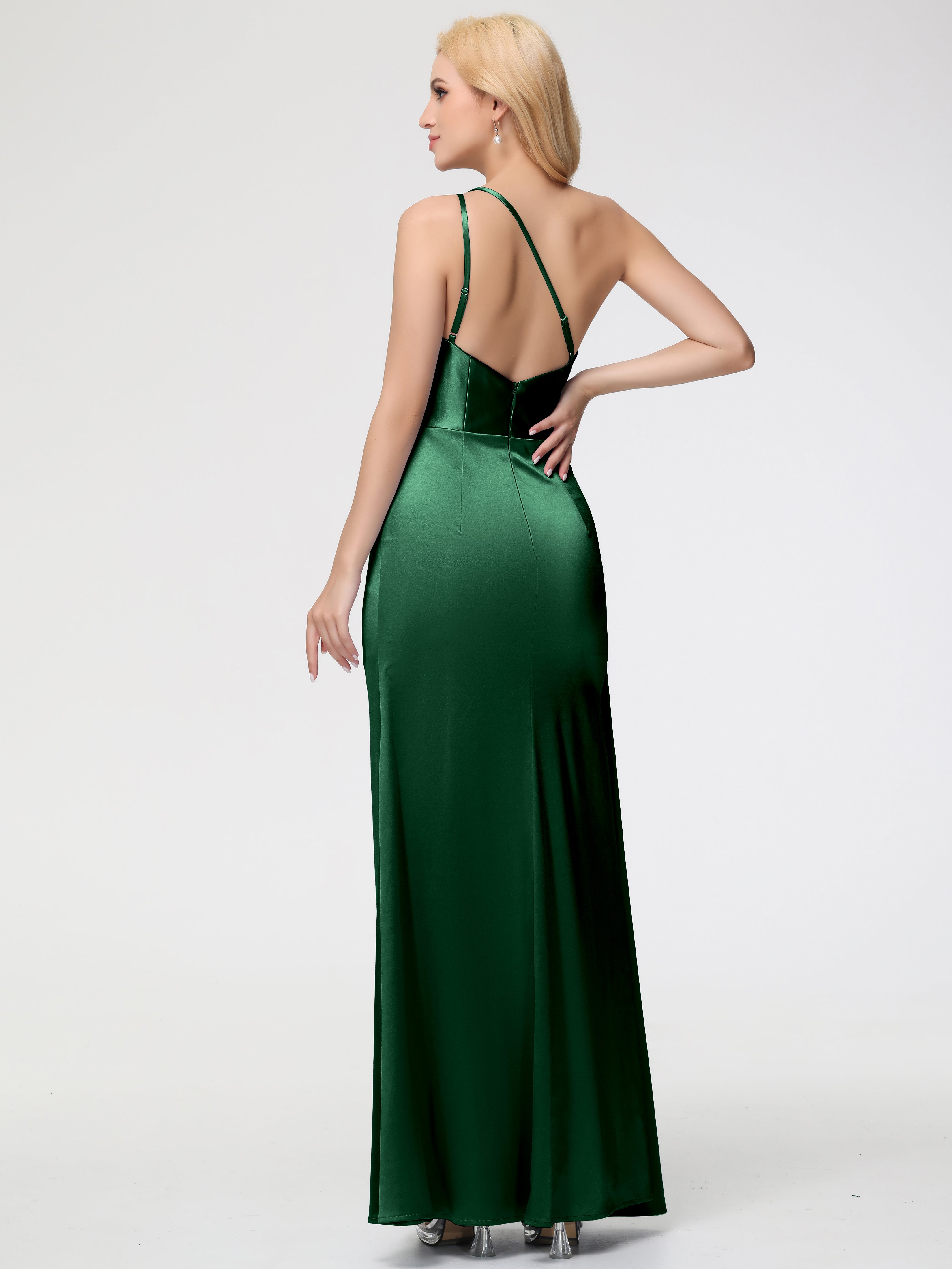 Robe Demoiselle D Honneur VERT FONCÉ Satin Extensible Seule-épaule Fourreau/Colonne Fendue