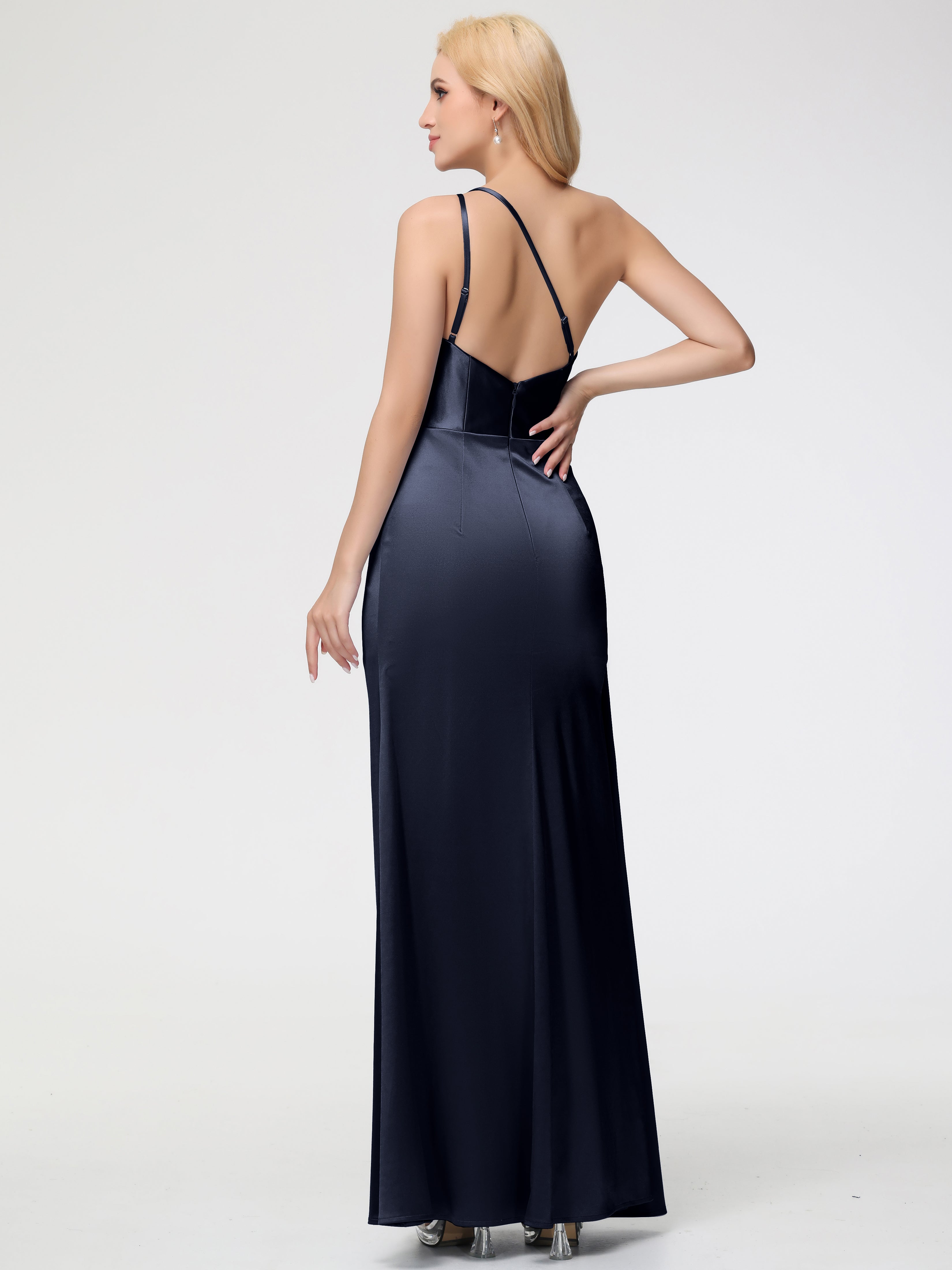 Robe Demoiselle Honneur Bleu Marine Satin Extensible Seule-épaule Fourreau/Colonne Fendue Robe De Demoiselle D'Honneur