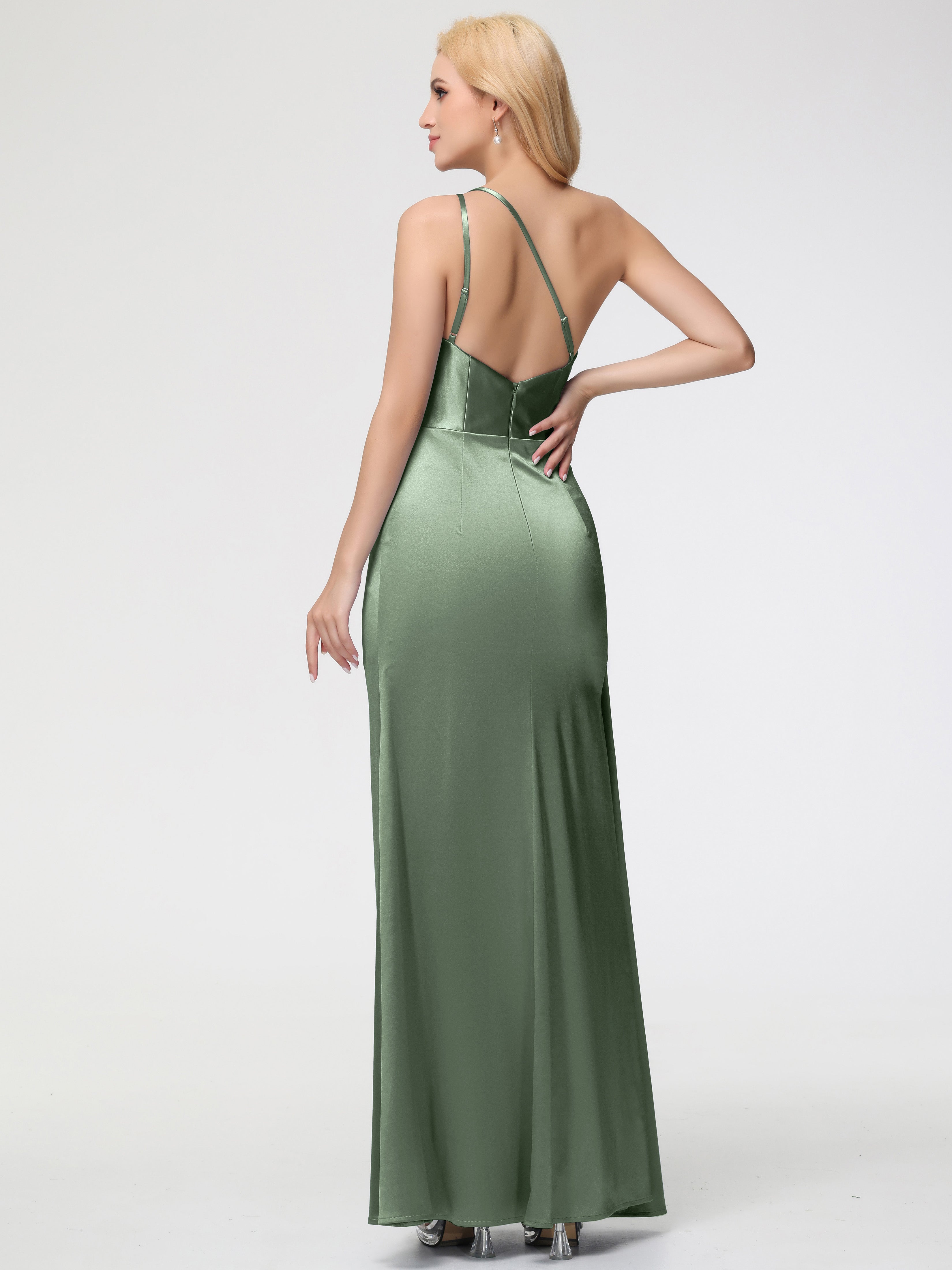 Sauge Poussiéreuse De Demoiselle D'Honneur Satin Extensible Seule-épaule Fourreau/Colonne Fendue