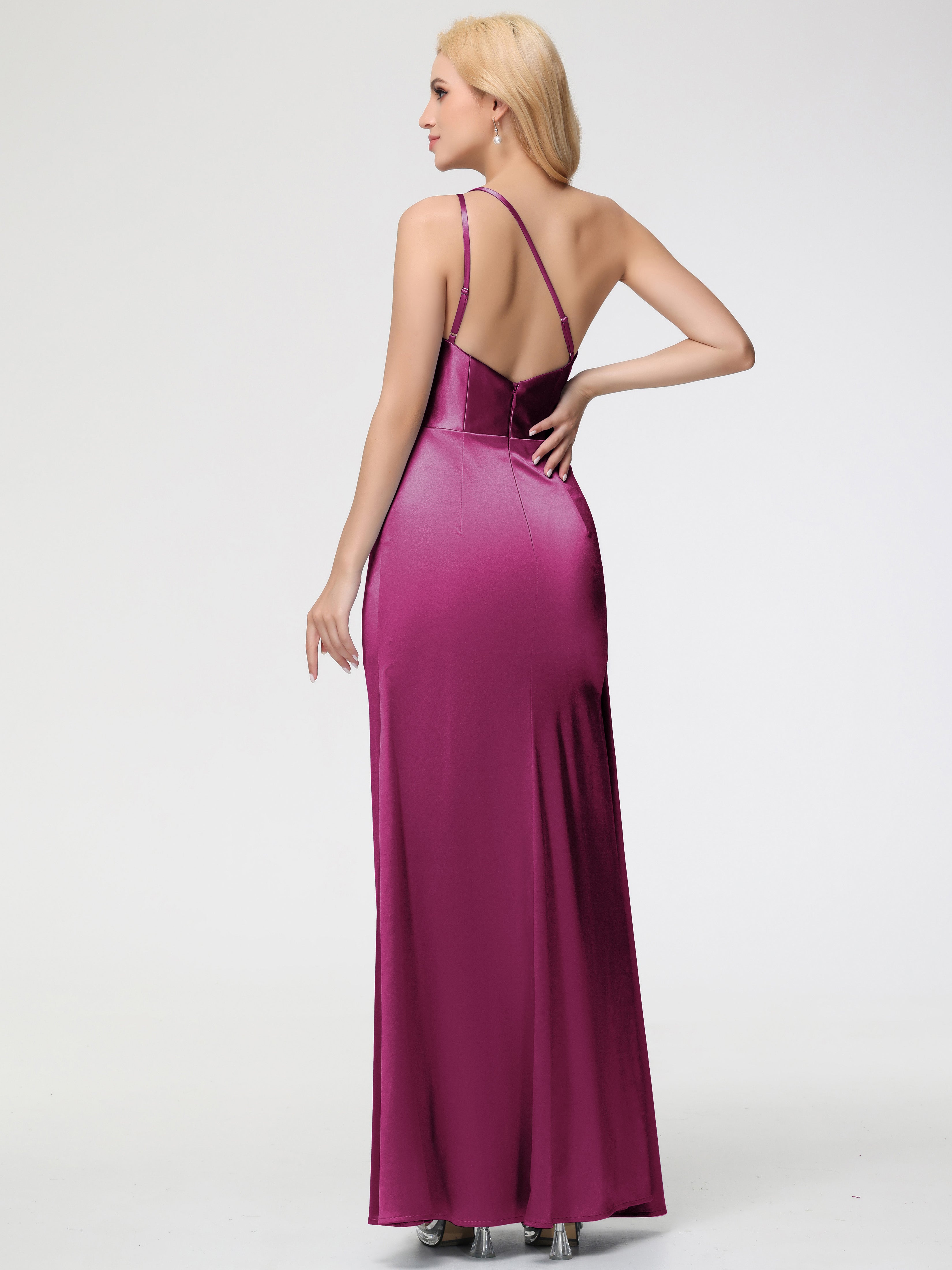 Robes De Demoiselle D'Honneur Couleur Rose Fuchsia Satin Extensible Seule-épaule Fourreau/Colonne Fendue Robe De Demoiselle D'Honneur