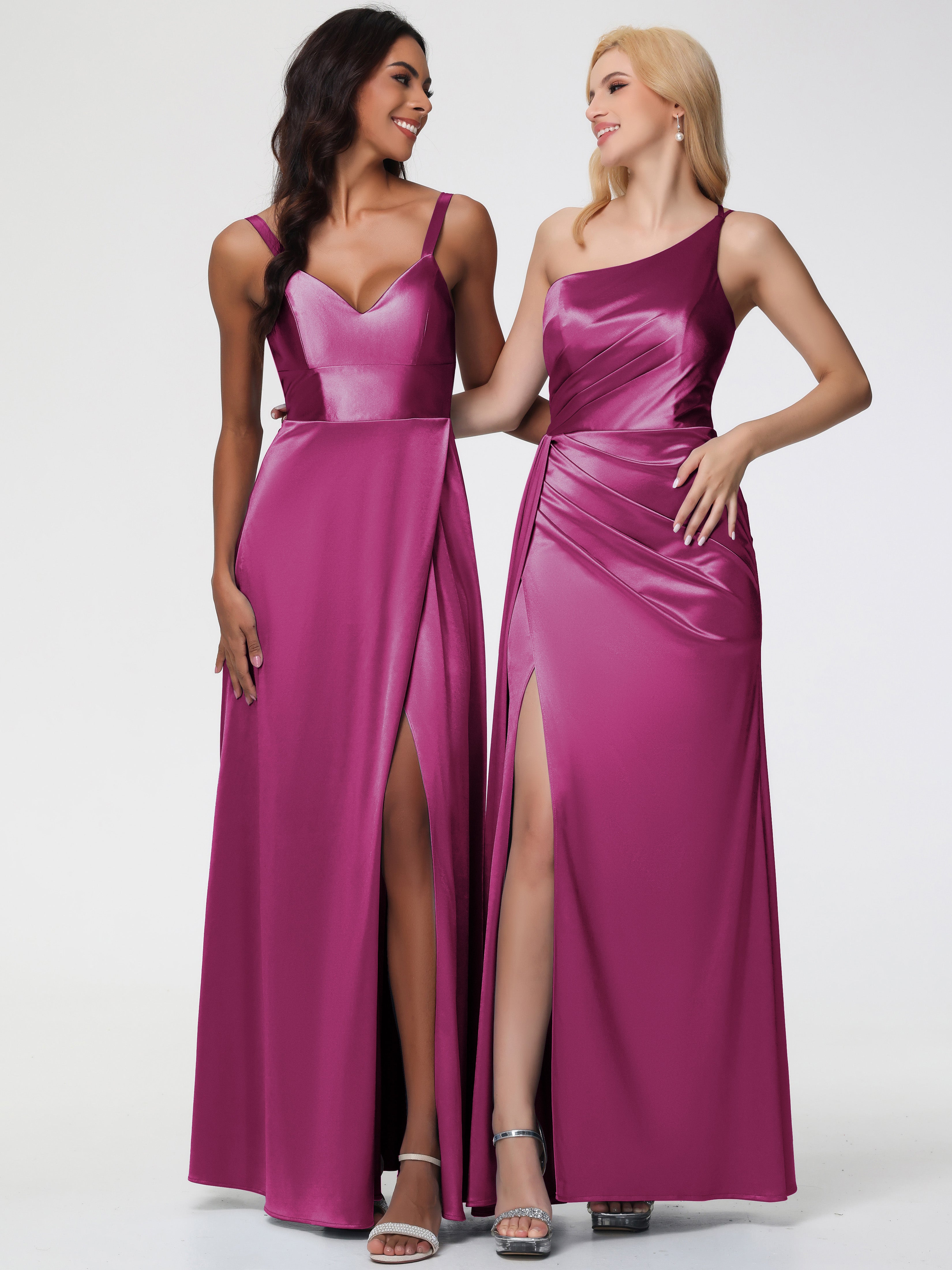 Robes De Demoiselle D'Honneur Couleur Rose Fuchsia Satin Extensible Seule-épaule Fourreau/Colonne Fendue Robe De Demoiselle D'Honneur