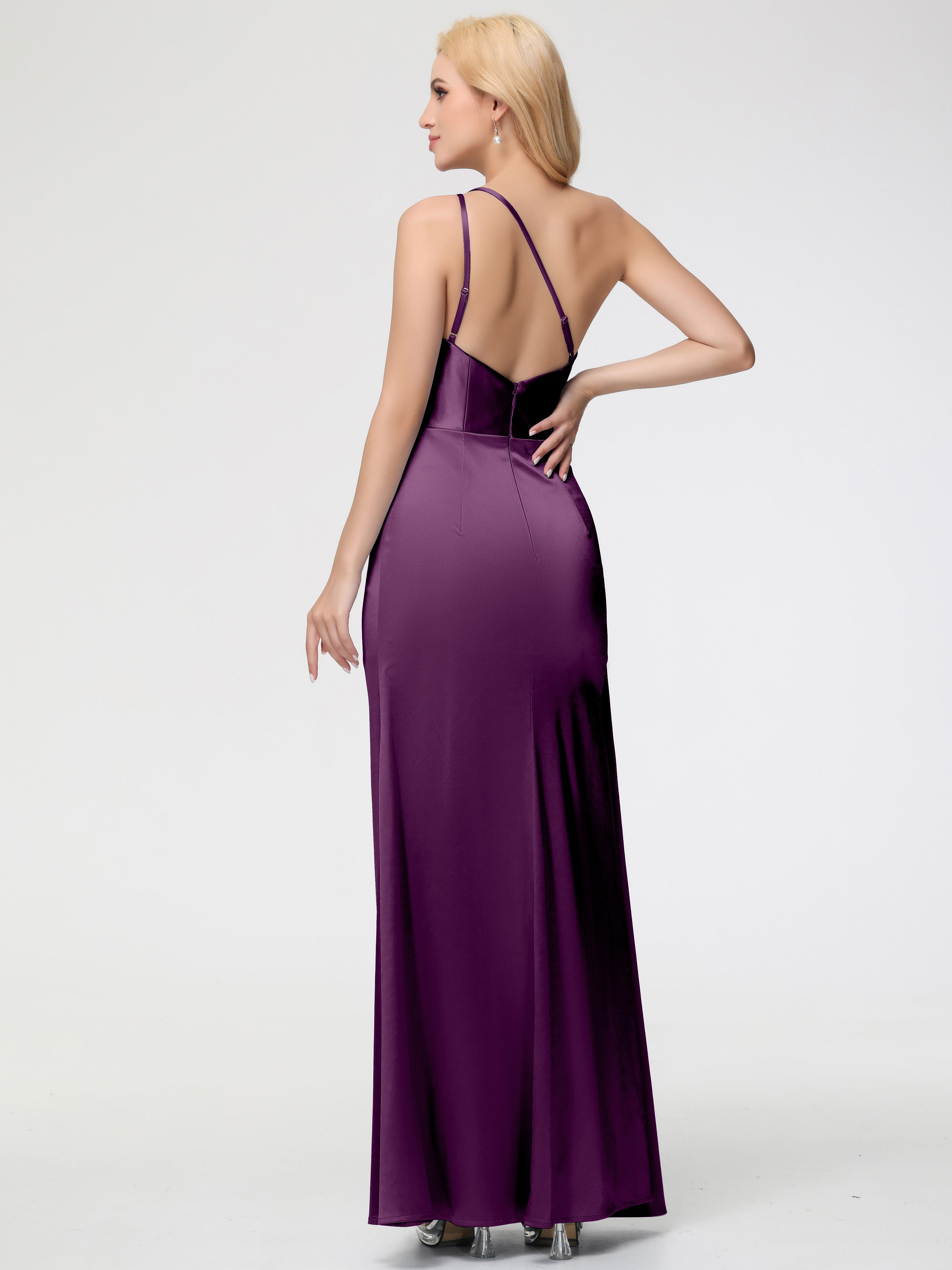 Robes De Demoiselle D'Honneur Raisin Satin Extensible Seule-épaule Fourreau/Colonne Fendue Robe De Demoiselle D'Honneur