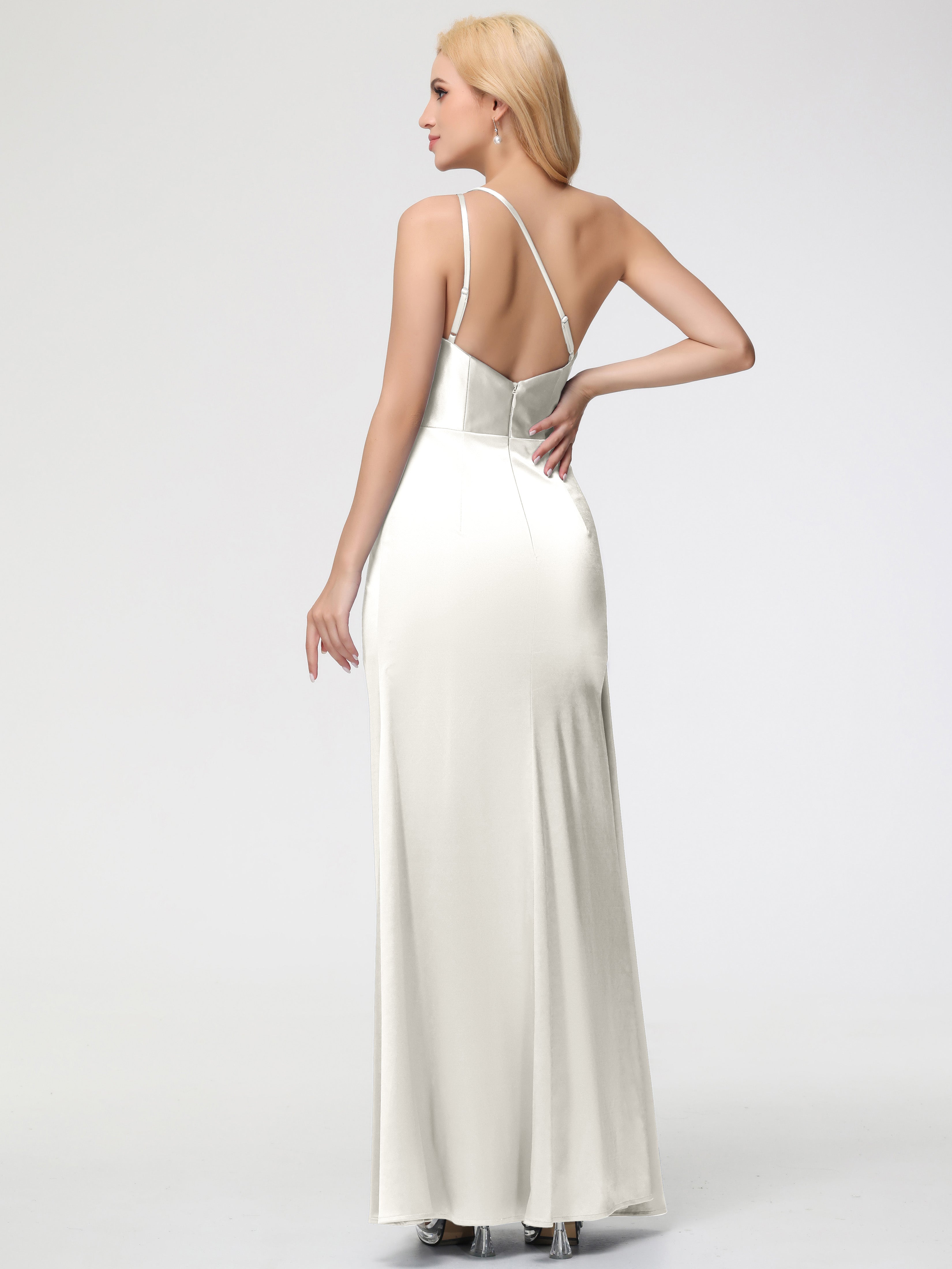 Robe Ivoire Demoiselle D Honneur Satin Extensible Seule-épaule Fourreau/Colonne Fendue Robe De Demoiselle D'Honneur