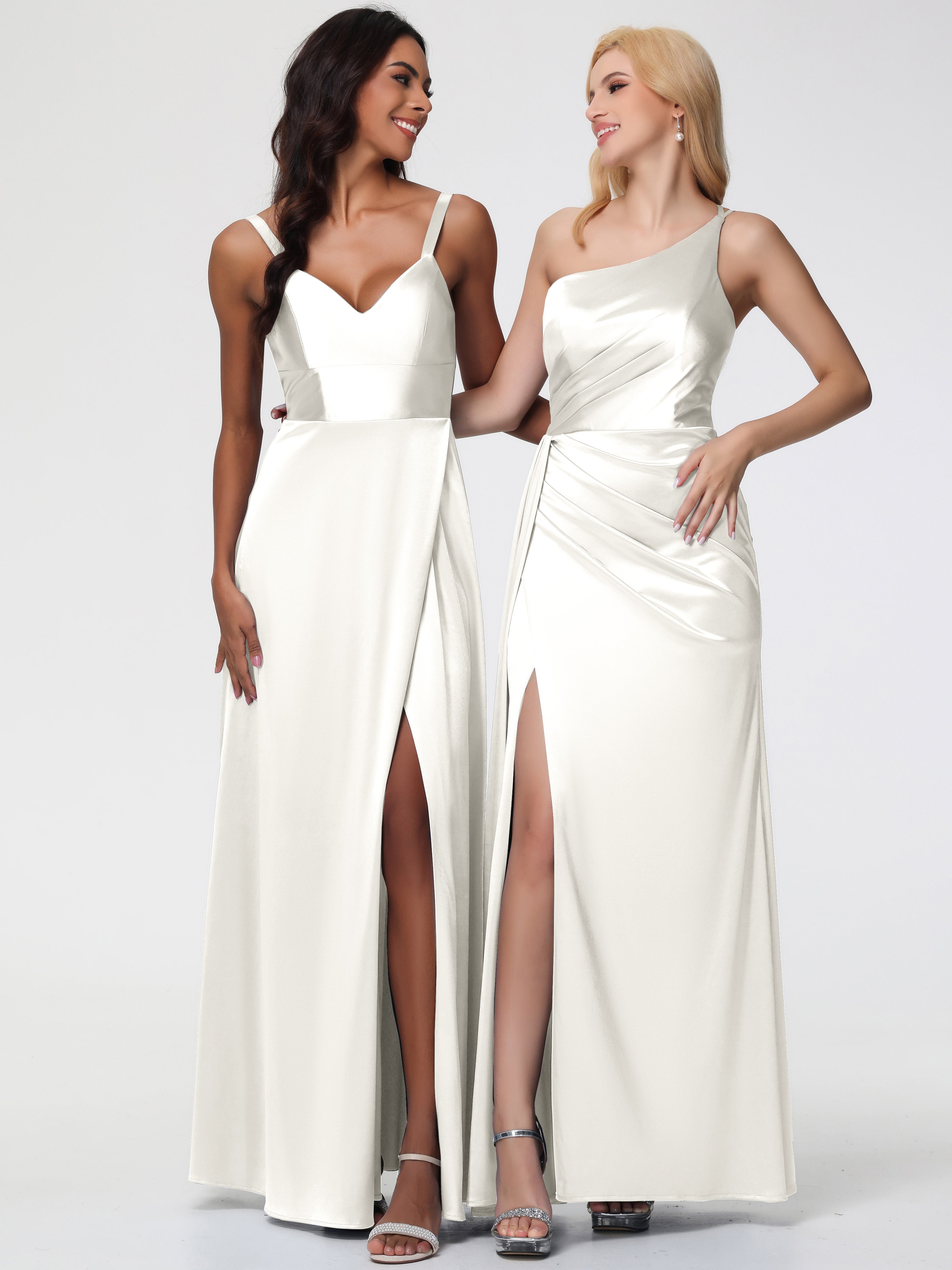 Robe Ivoire Demoiselle D Honneur Satin Extensible Seule-épaule Fourreau/Colonne Fendue Robe De Demoiselle D'Honneur