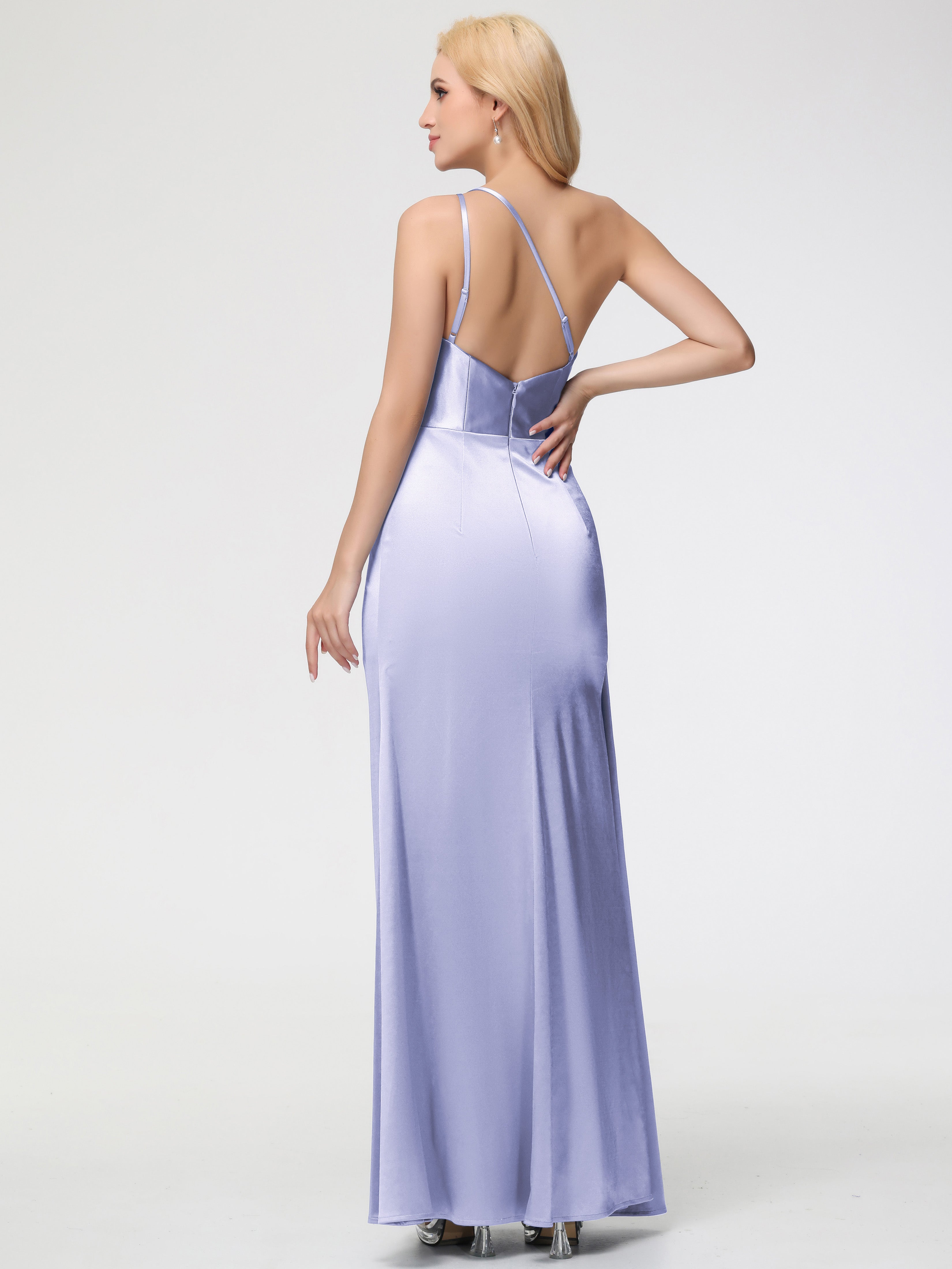 Robes De Demoiselle D'Honneur Lavande Satin Extensible Seule-épaule Fourreau/Colonne Fendue Robe De Demoiselle D'Honneur