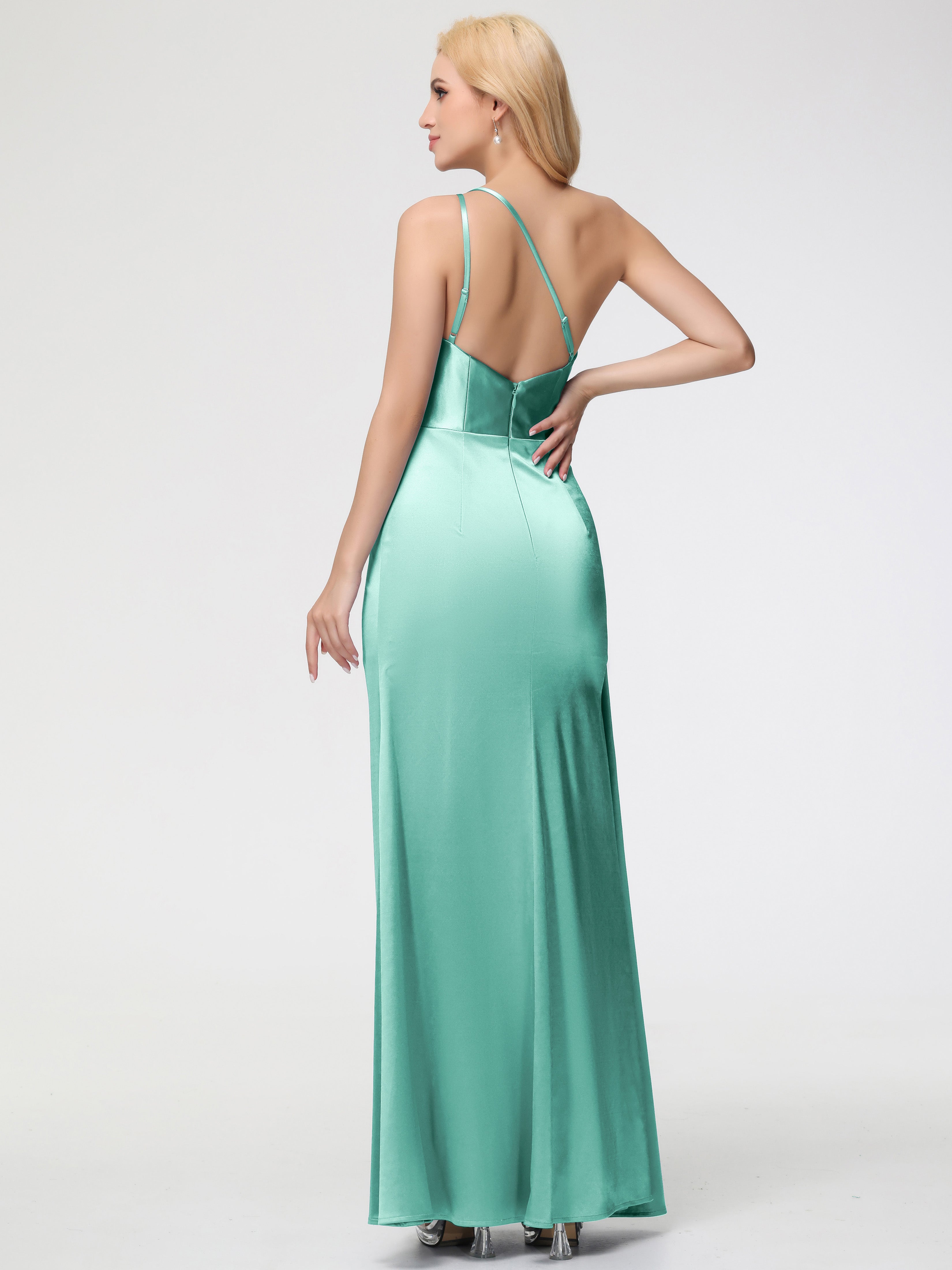 Robe Vert Menthe Demoiselle D Honneur Satin Extensible Seule-épaule Fourreau/Colonne Fendue
