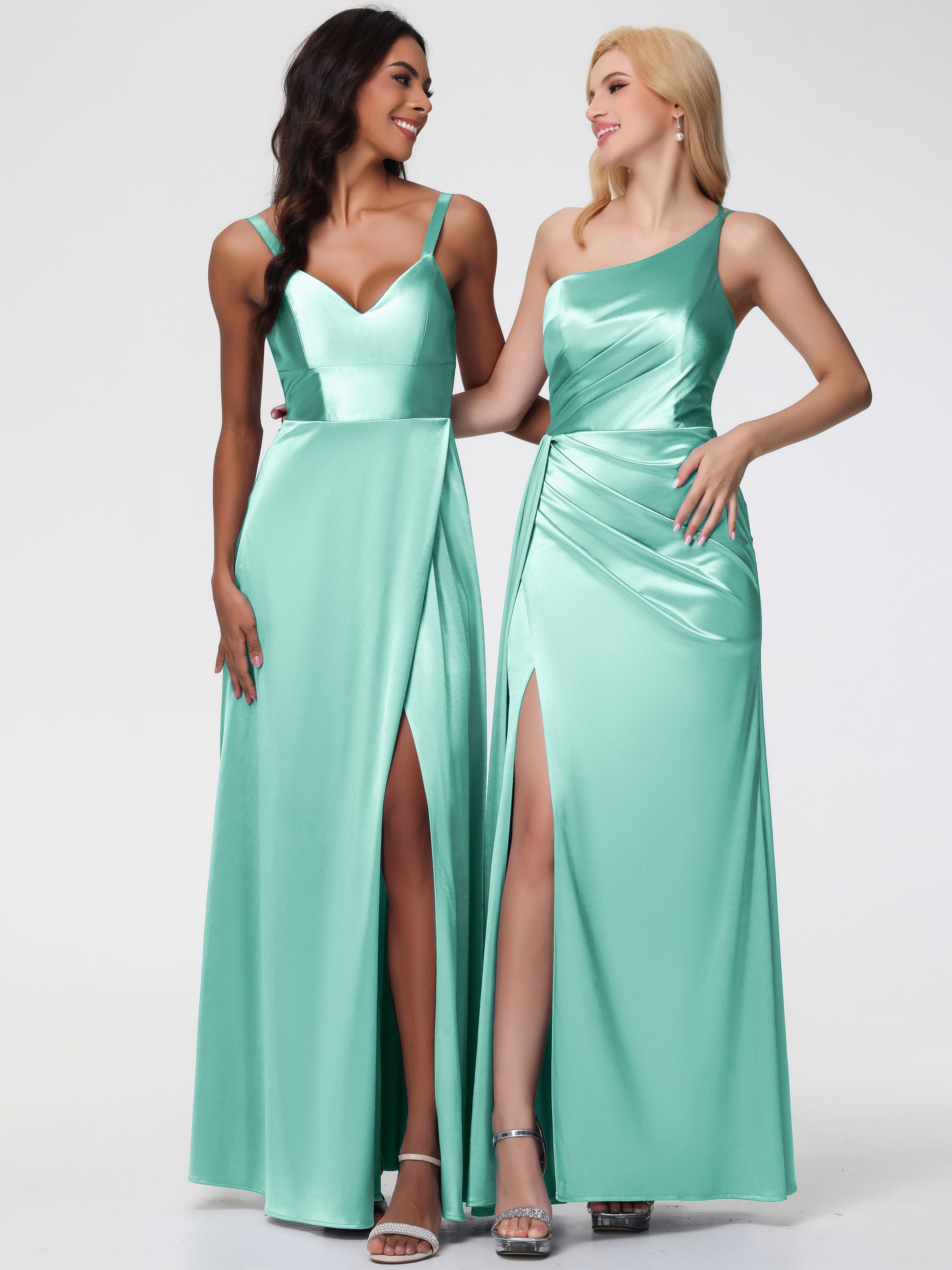 Robe Vert Menthe Demoiselle D Honneur Satin Extensible Seule-épaule Fourreau/Colonne Fendue