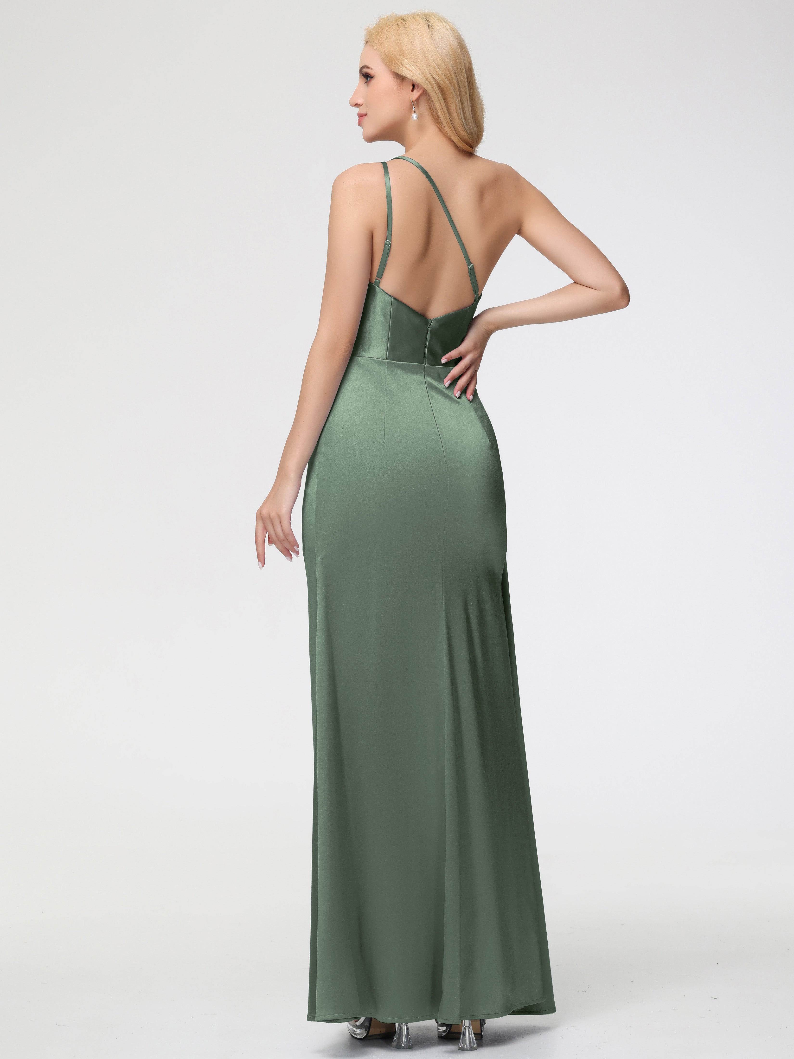 Robe De Demoiselle D Honneur Vert Olive Satin Extensible Seule-épaule Fourreau/Colonne Fendue