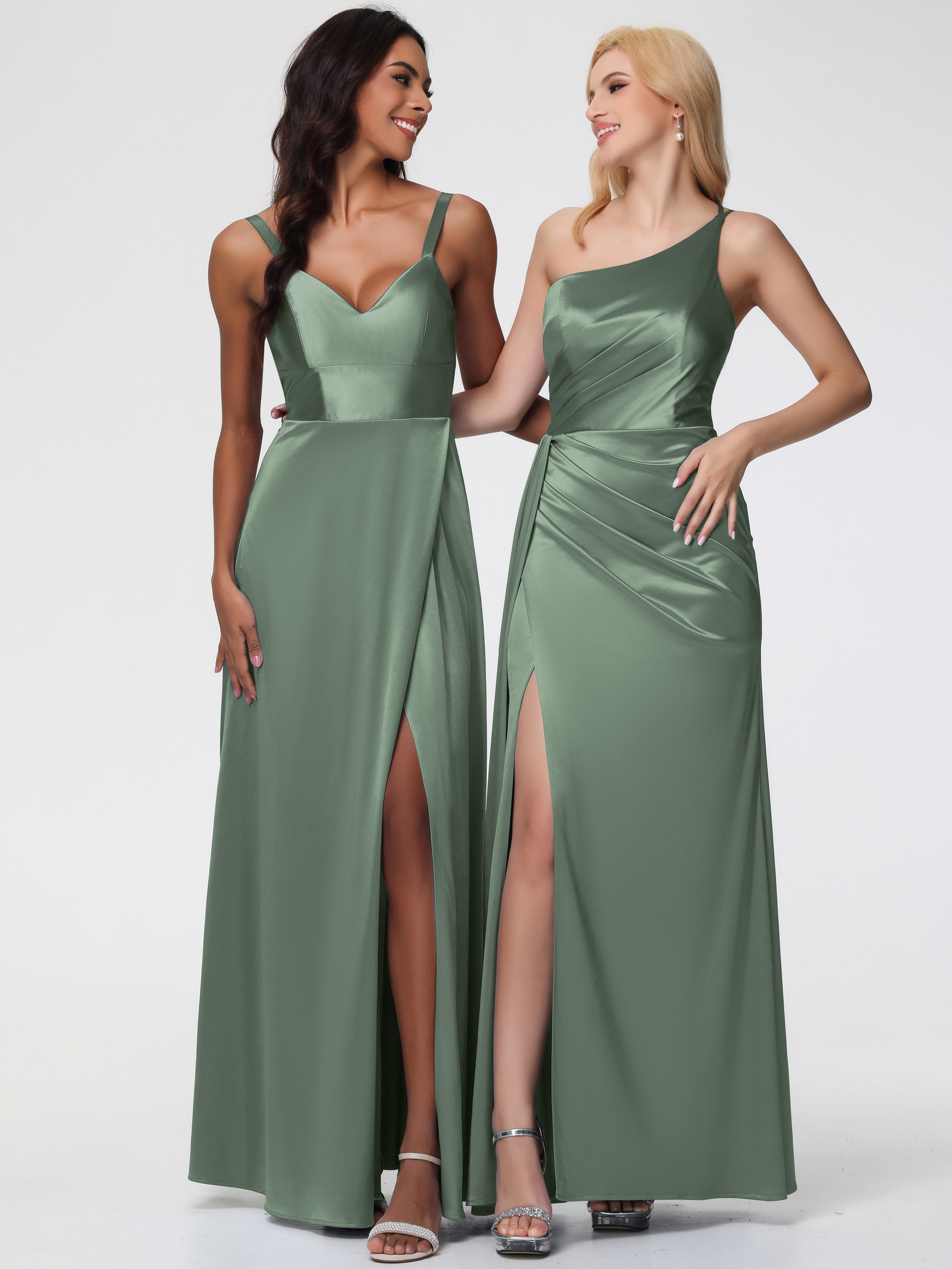Robe De Demoiselle D Honneur Vert Olive Satin Extensible Seule-épaule Fourreau/Colonne Fendue