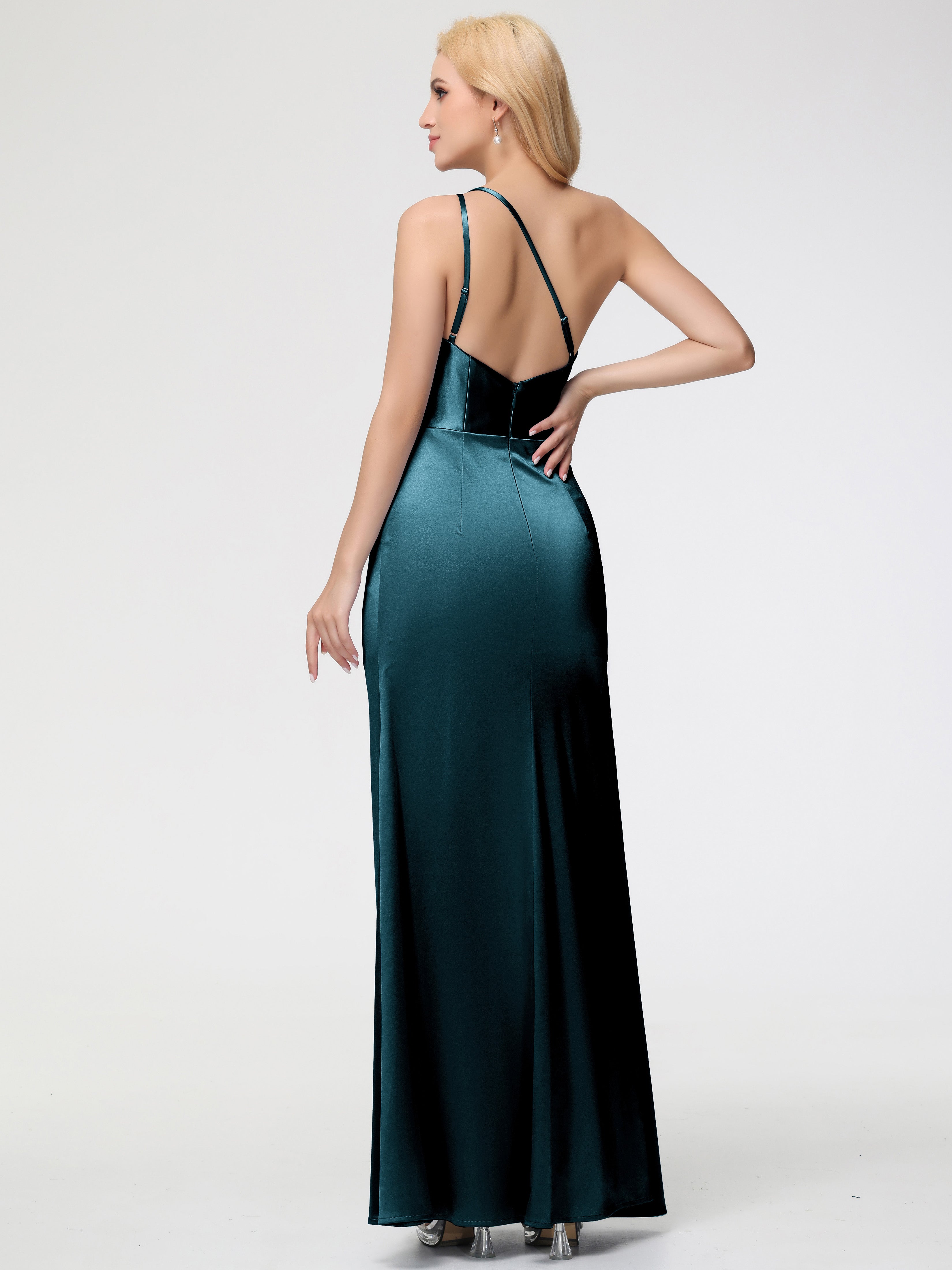 Robes De Demoiselle D'Honneur Bleu Paon Satin Extensible Seule-épaule Fourreau/Colonne Fendue Robe De Demoiselle D'Honneur